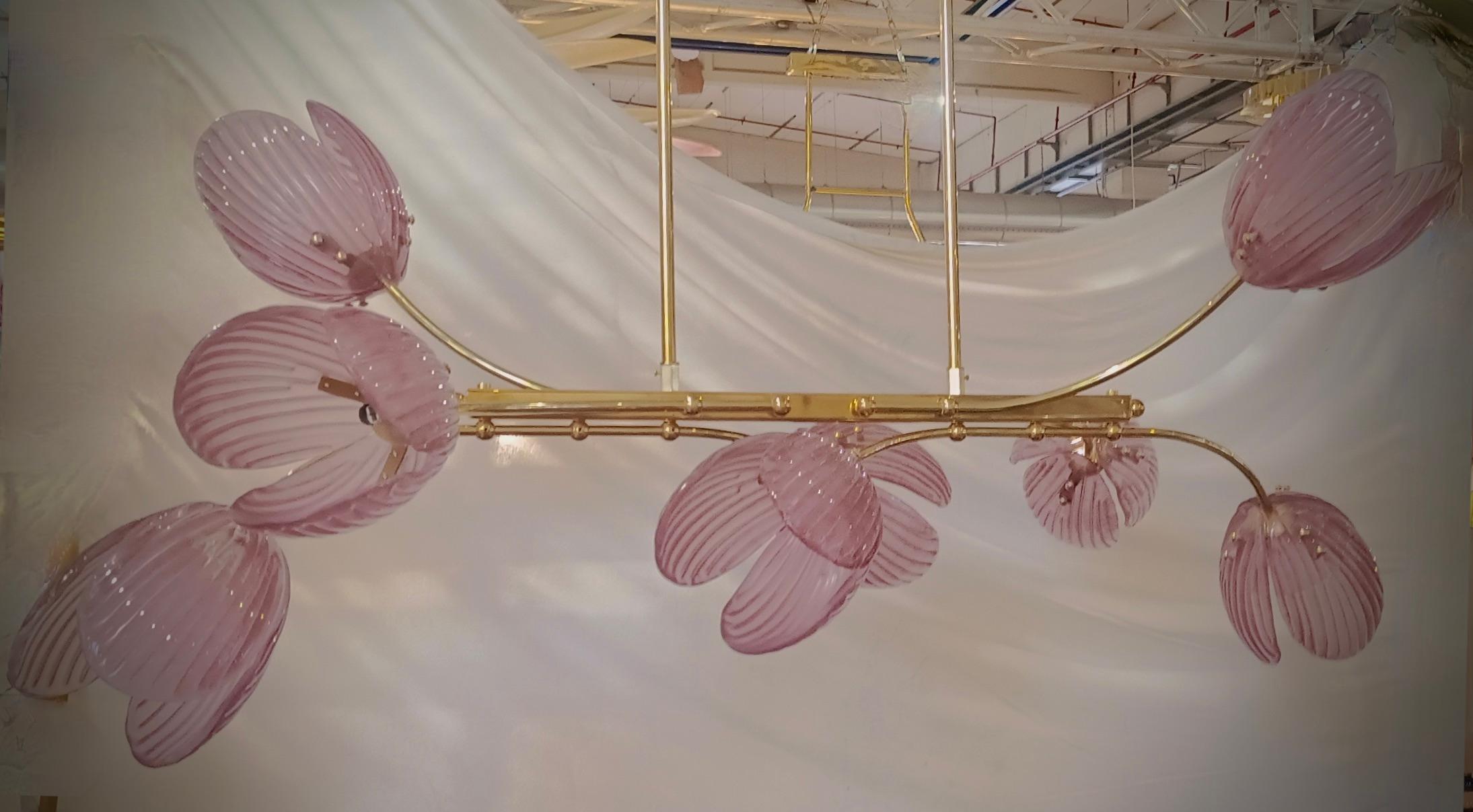 Murano Art Glass and Brass Pink Color Mid-Century Chandelier and Pendant, 2020 For Sale 2