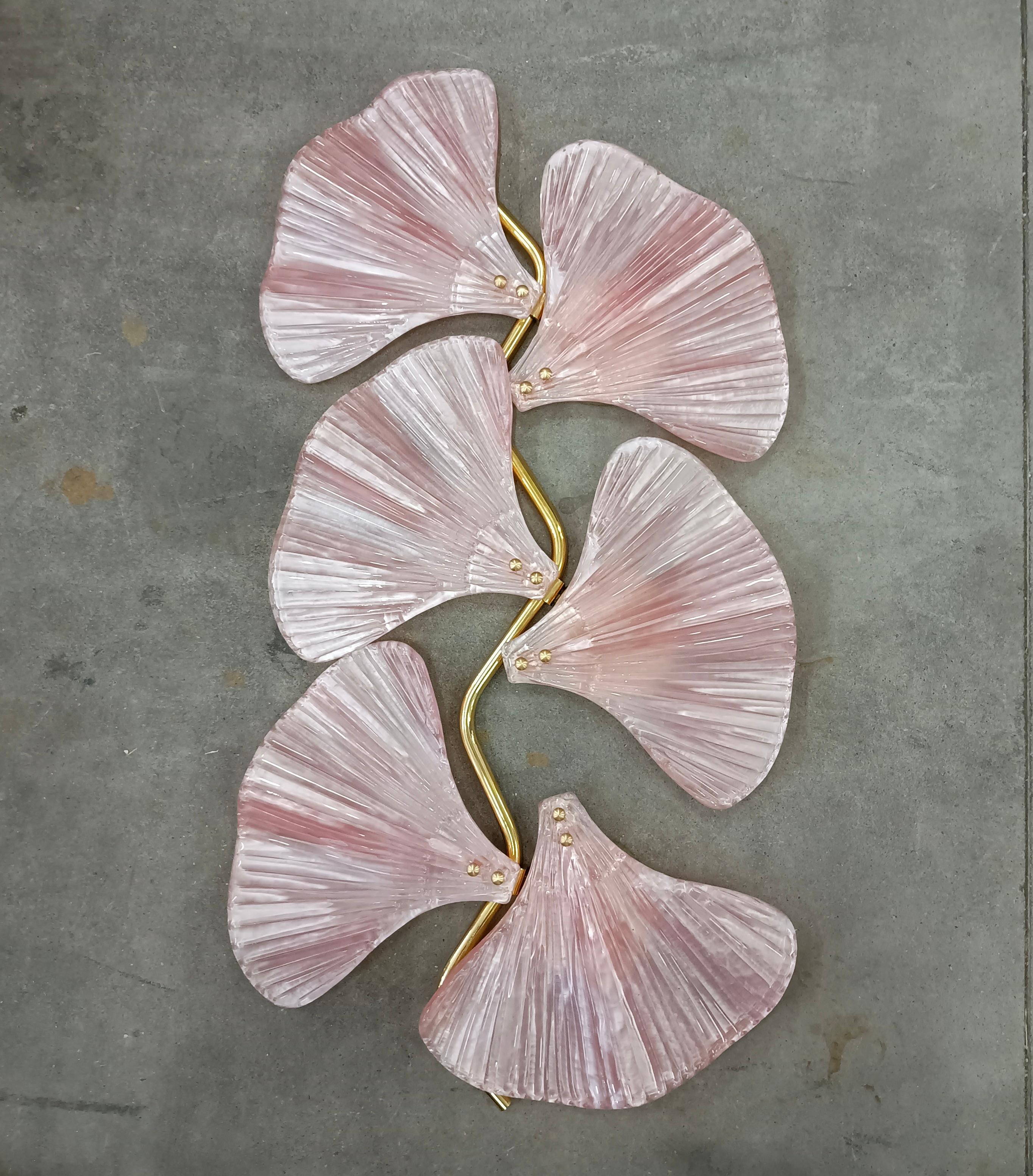 Italian Murano Art Glass and Brass Pink Color Wall Light, 1990 For Sale