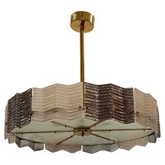 Lampadario rotondo e pendenti in vetro artistico di Murano e ottone, metà del secolo scorso, 2000