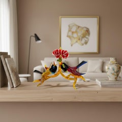 Escultura de Cristal de Murano Pájaros en Rama Multicolor, Siglo XXI