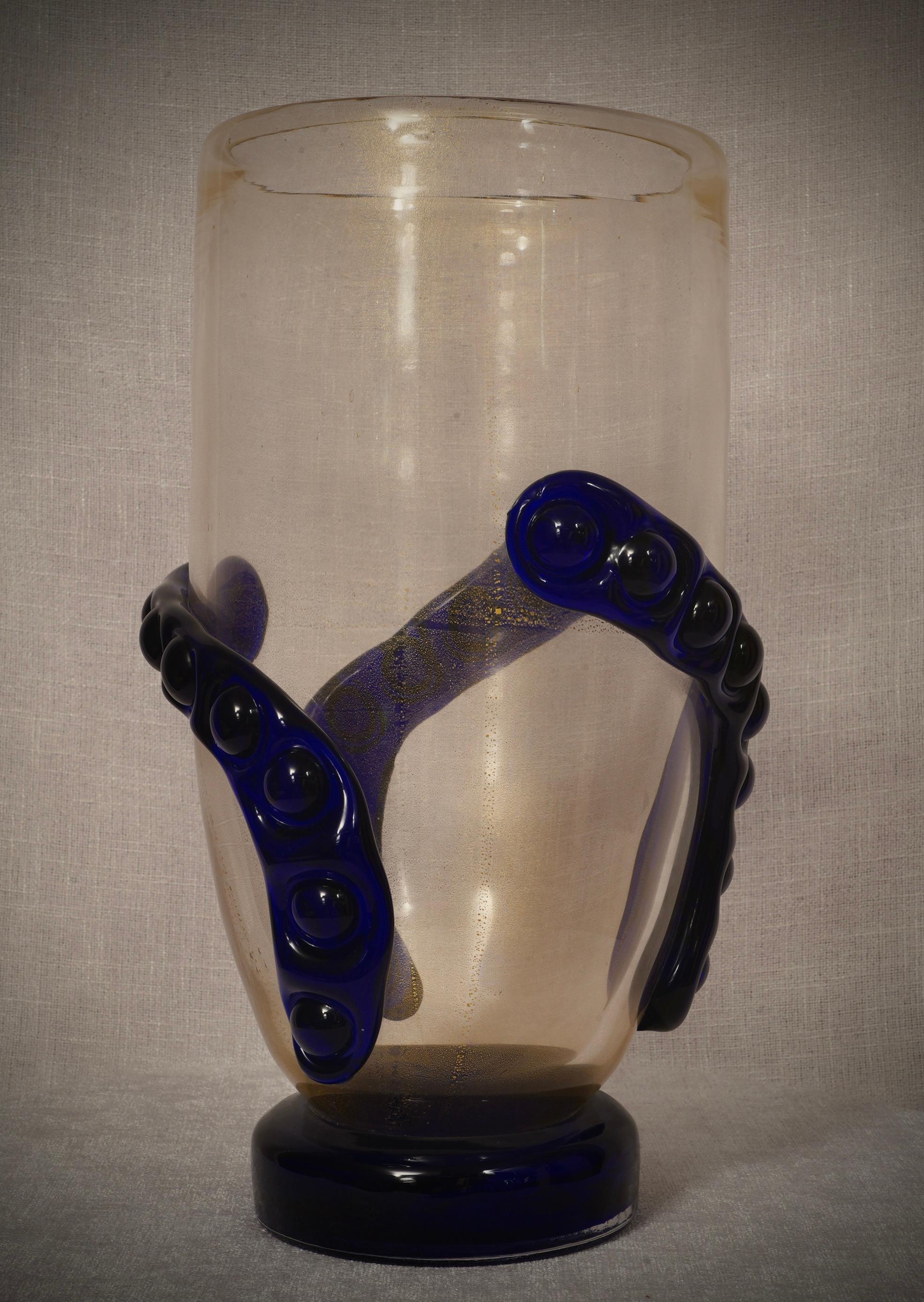 Jarrón de cristal soplado de Murano de color dorado y azul de mediados de siglo, 2000 en venta 1