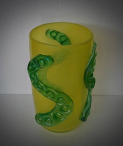 Murano Art Glass Blown Glass Yellow and Green Color Art Deco Vase, 2000