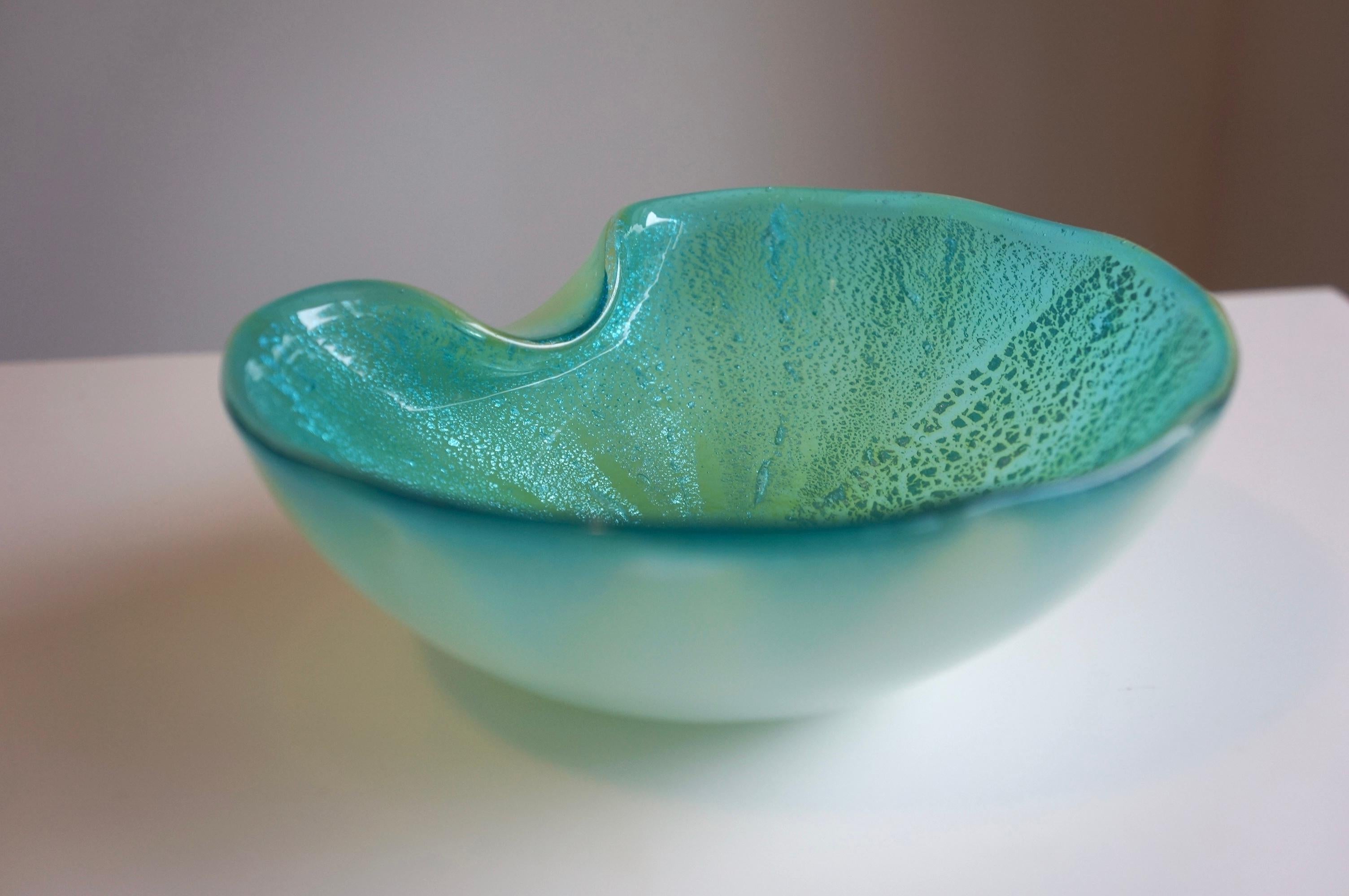 Italian Murano Art Glass Blue Aventurine Decorative Dish Bowl For Sale