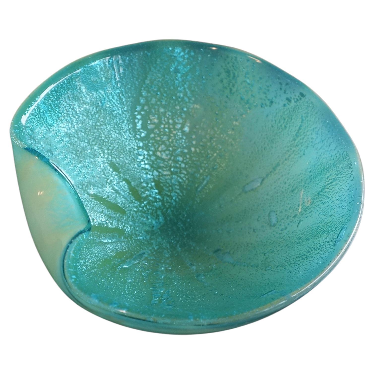 Murano Art Glass Blue Aventurine Decorative Dish Bowl For Sale