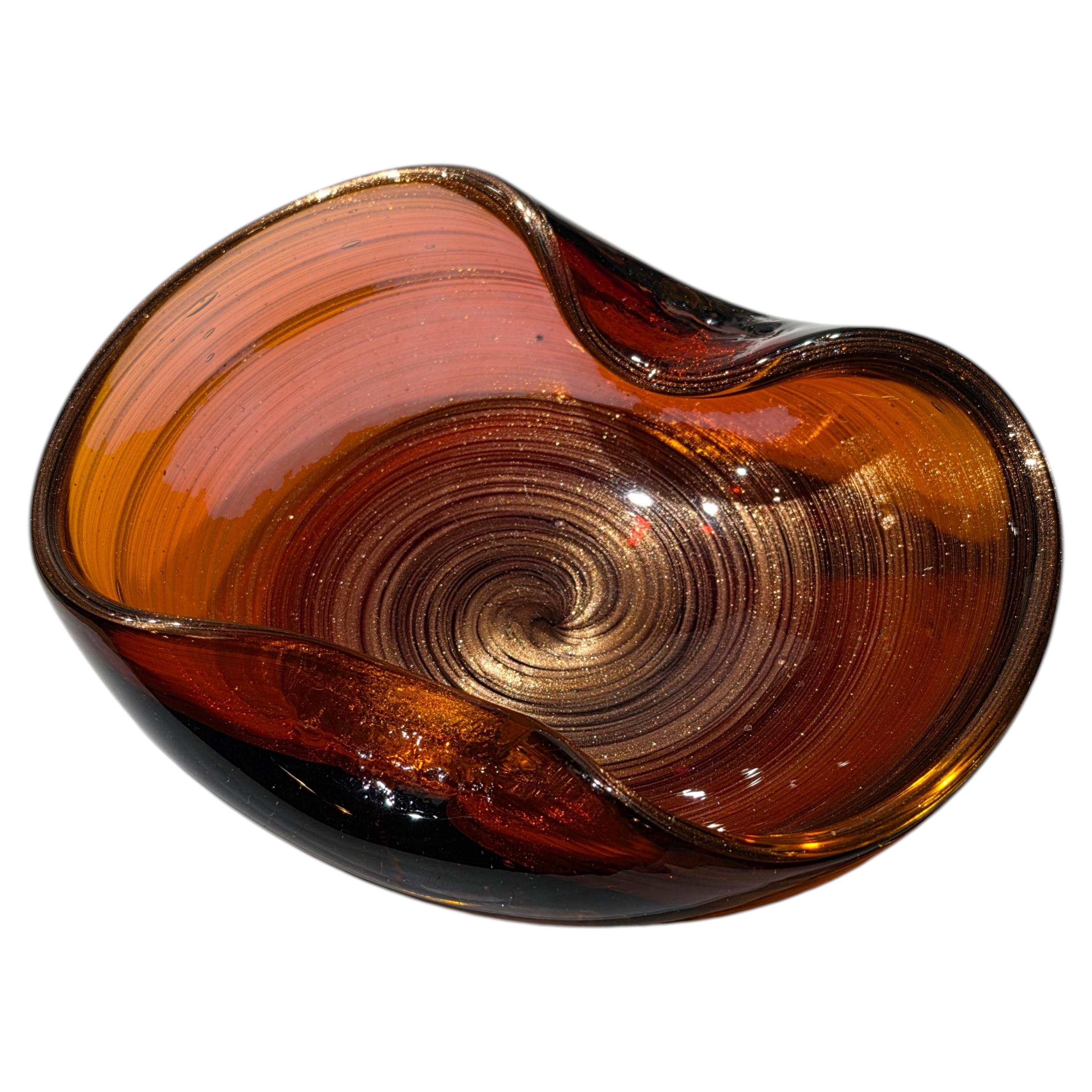 Cuenco de cristal artístico de Murano, color aventurina, ámbar y Amberina, estilo moderno de mediados de siglo, veneciano