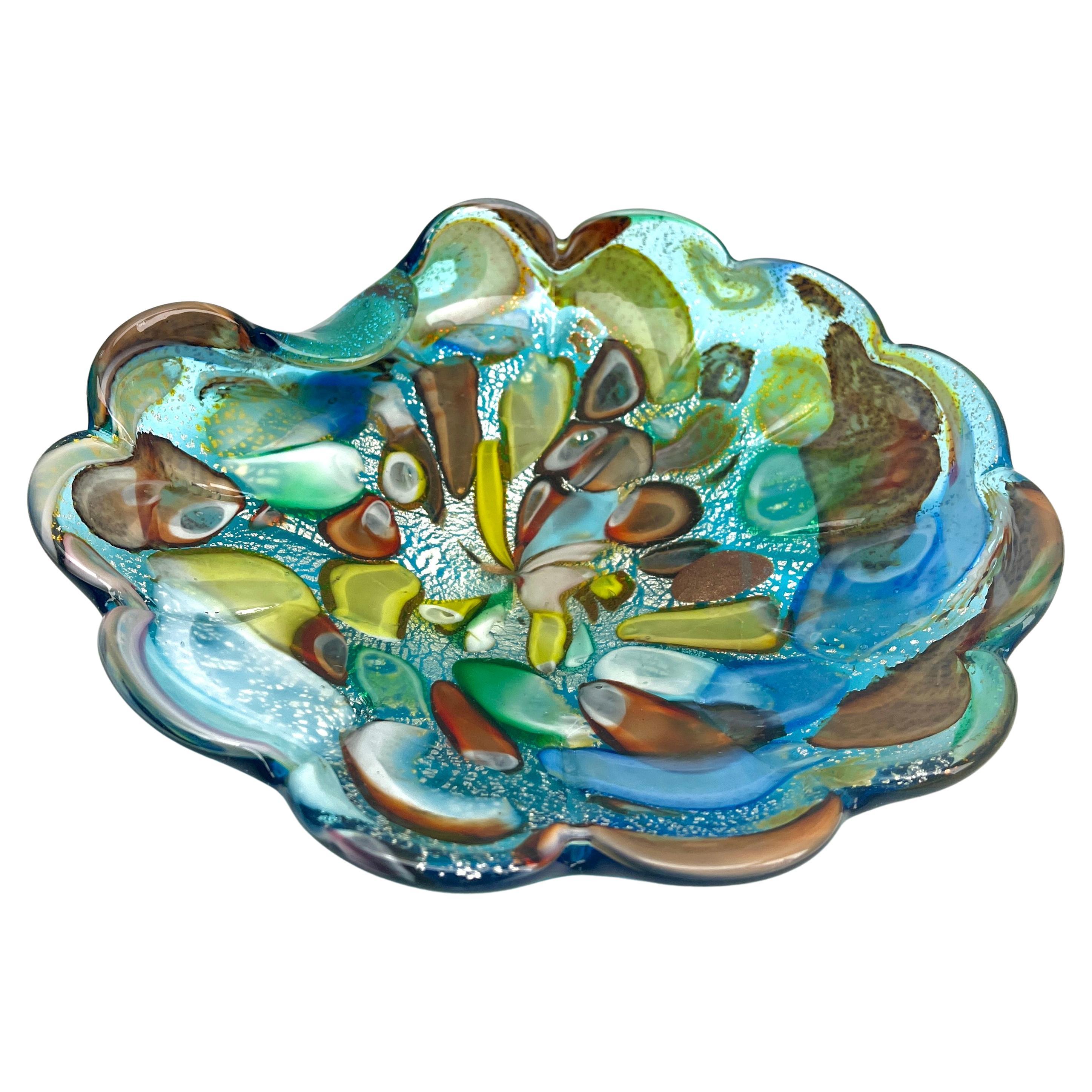 Mid-Century Modern Murano Art Glass Bowl Black Shell, Metals and Bright Colors, Attributed to AVEM For Sale