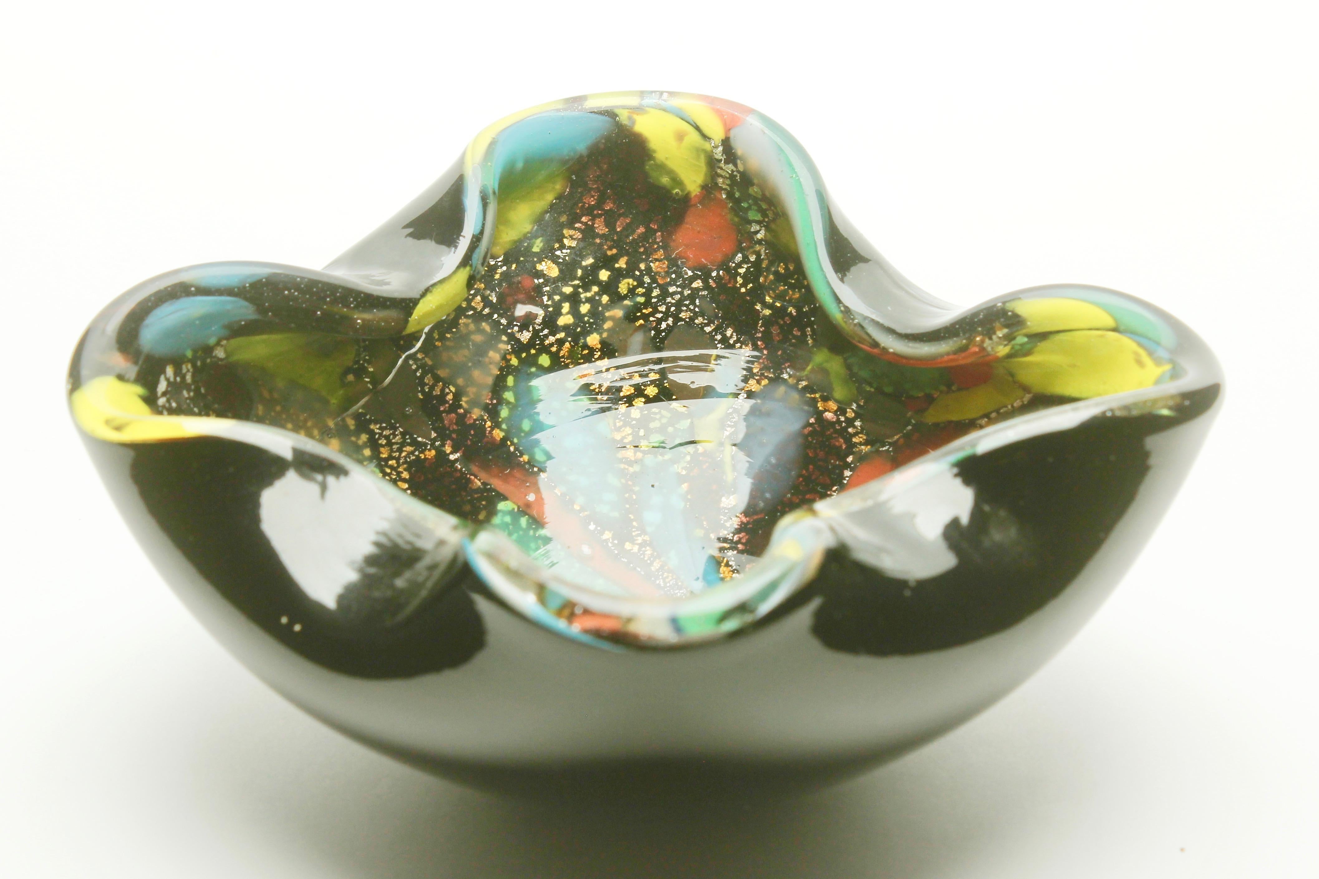 Mid-Century Modern Murano Art Glass Bowl Black Shell, Metals and Bright Colors, Attributed to AVEM