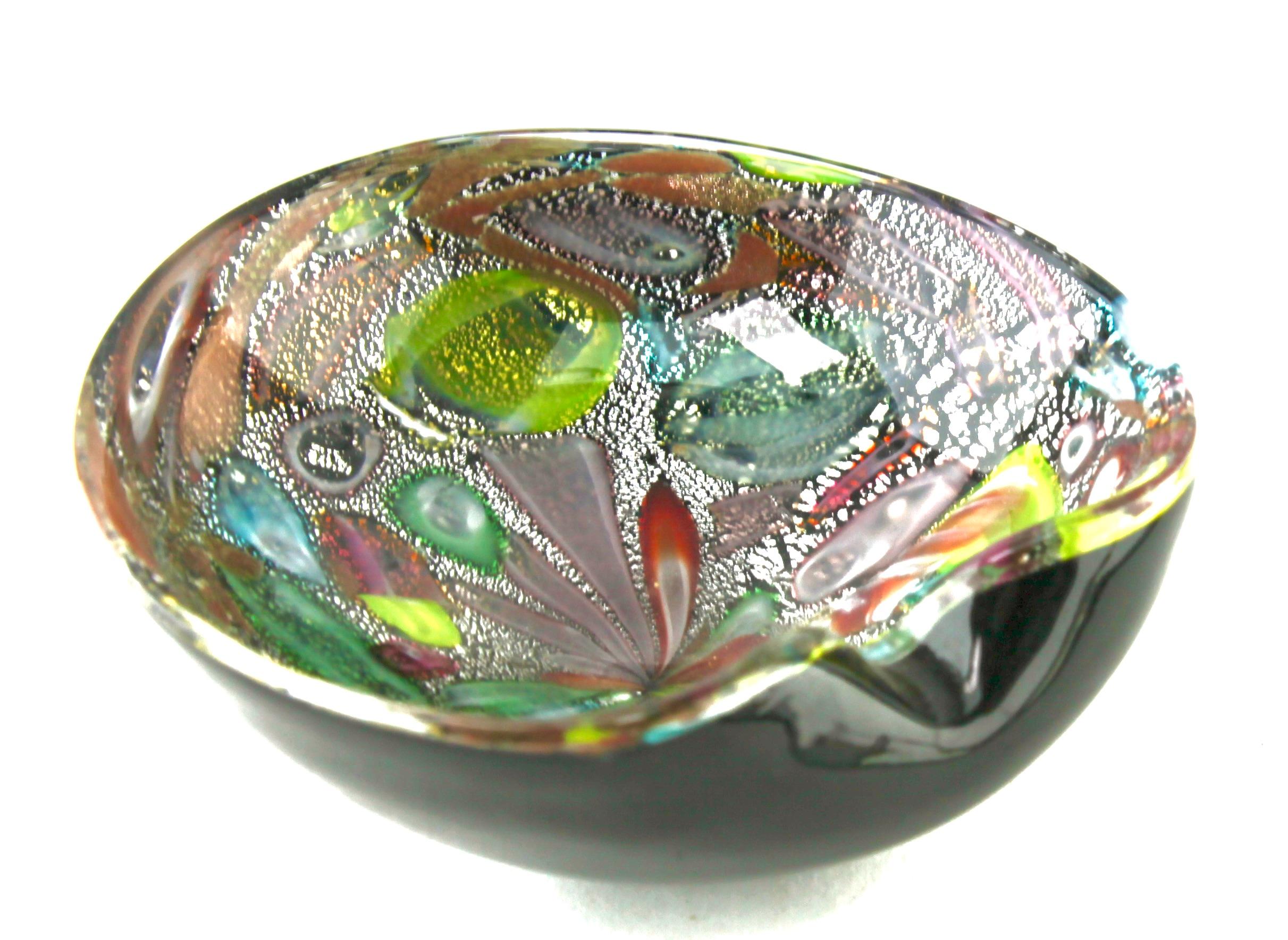 Mid-Century Modern Murano Art Glass Bowl Black Shell, Metals and Bright Colors, Attributed to AVEM