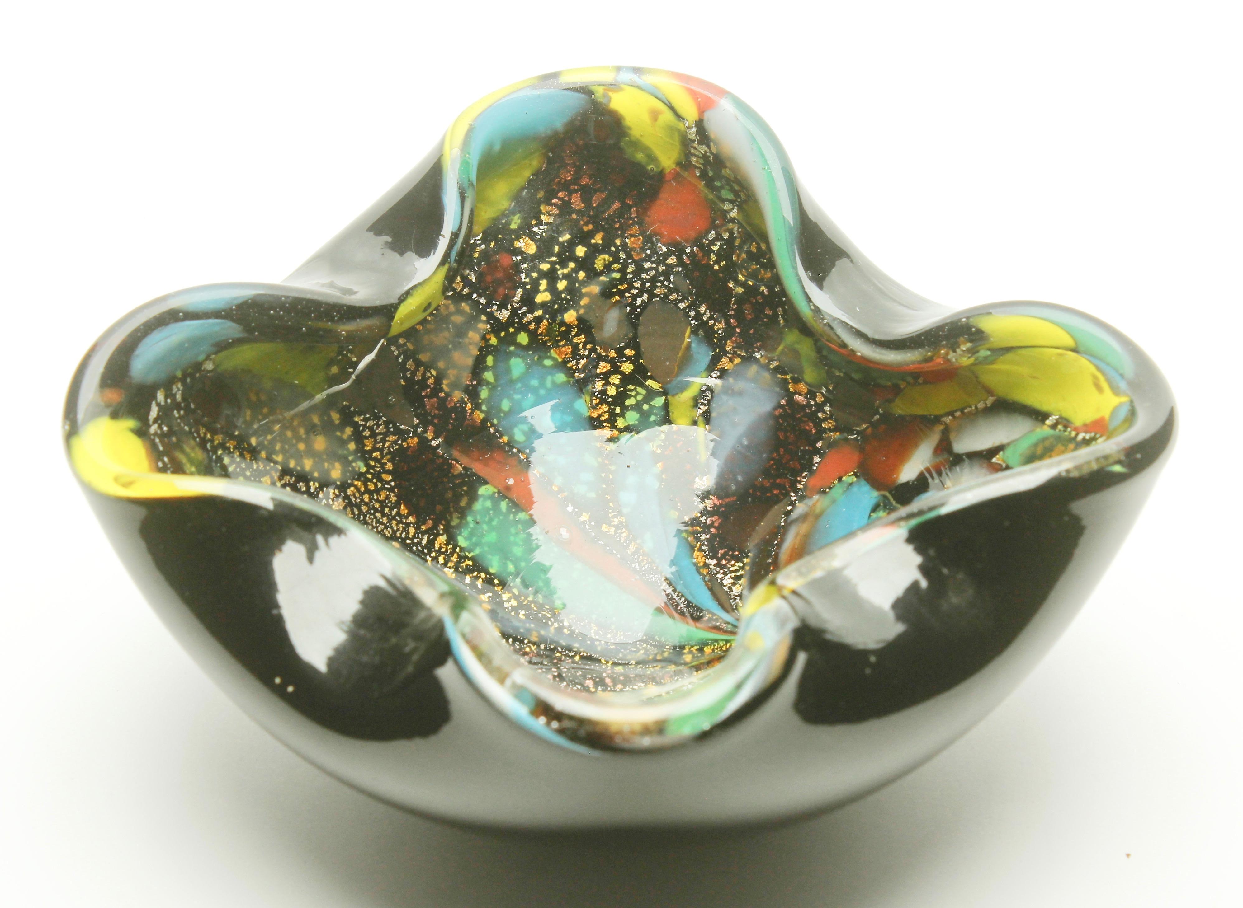 Italian Murano Art Glass Bowl Black Shell, Metals and Bright Colors, Attributed to AVEM