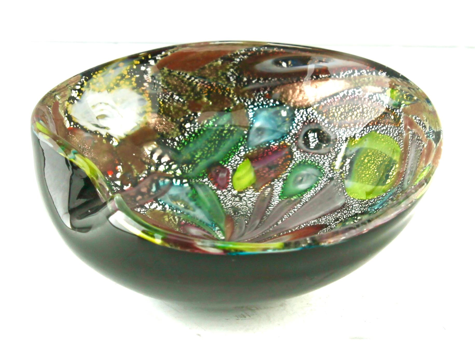 Italian Murano Art Glass Bowl Black Shell, Metals and Bright Colors, Attributed to AVEM