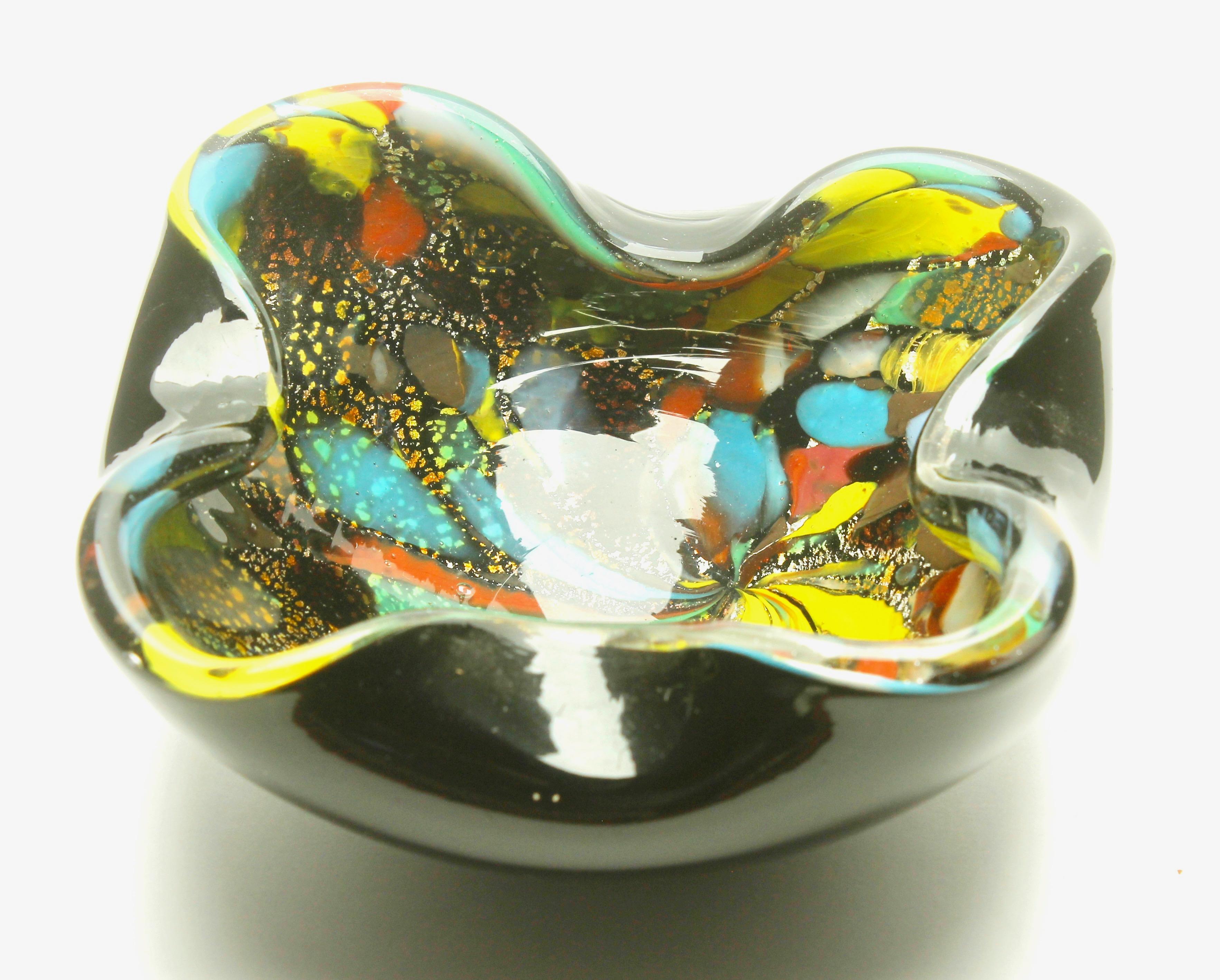 Hand-Crafted Murano Art Glass Bowl Black Shell, Metals and Bright Colors, Attributed to AVEM