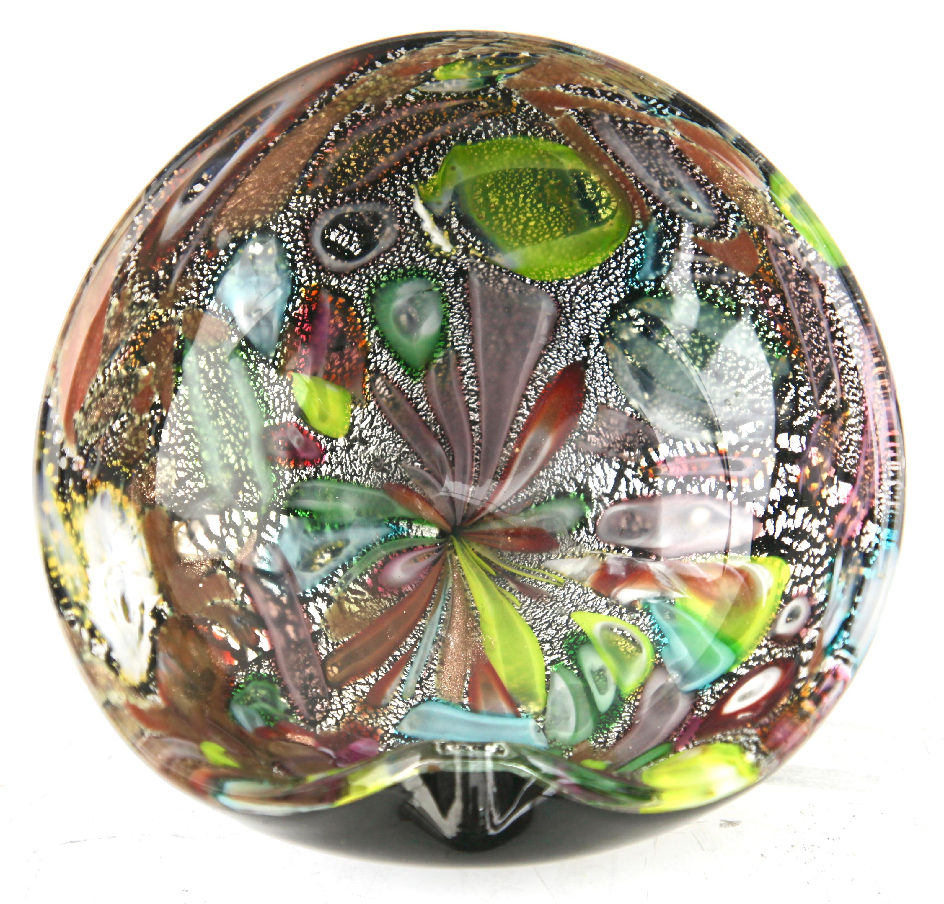 Hand-Crafted Murano Art Glass Bowl Black Shell, Metals and Bright Colors, Attributed to AVEM