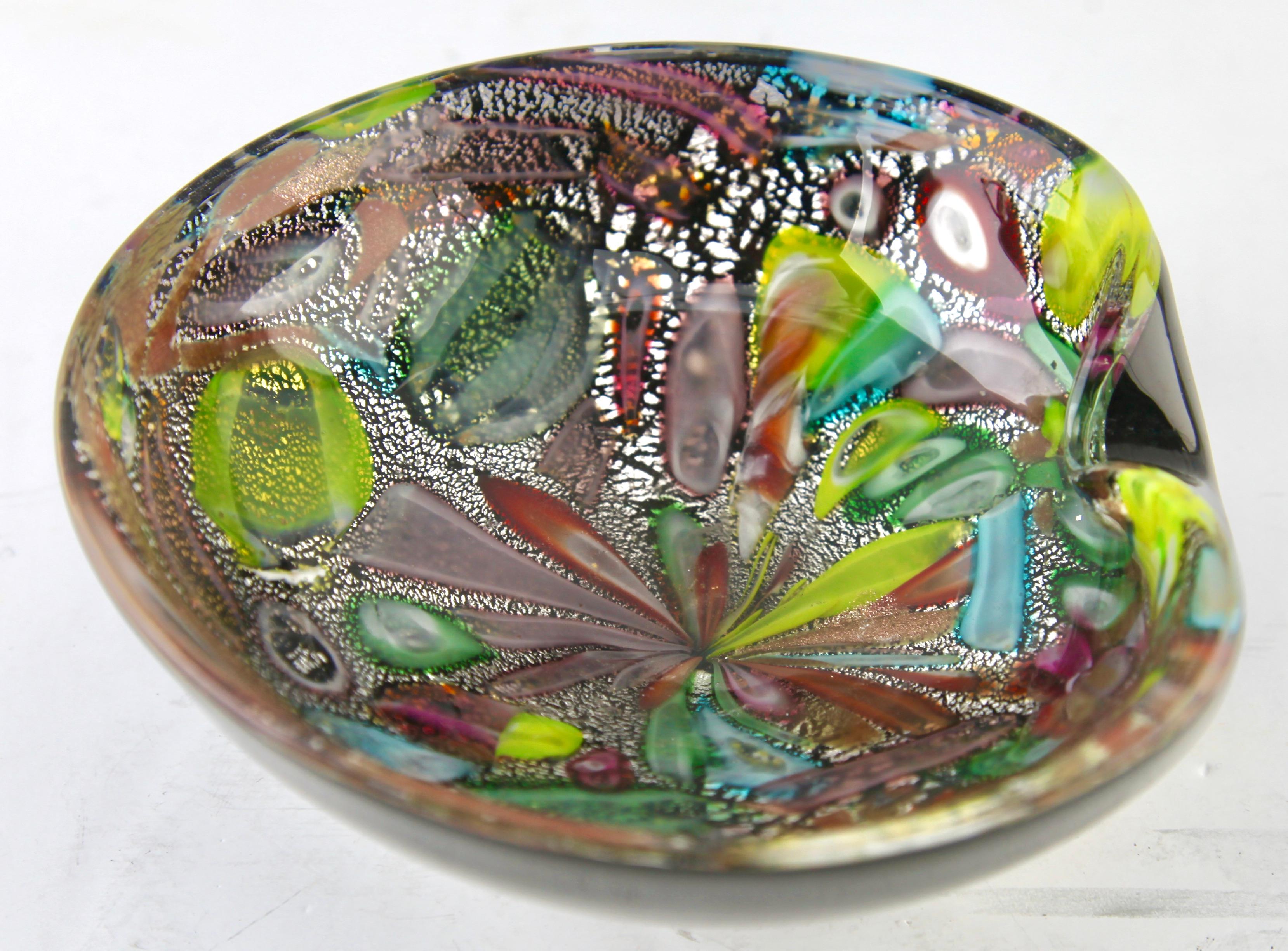 Murano Art Glass Bowl Black Shell, Metals and Bright Colors, Attributed to AVEM In Good Condition In Verviers, BE