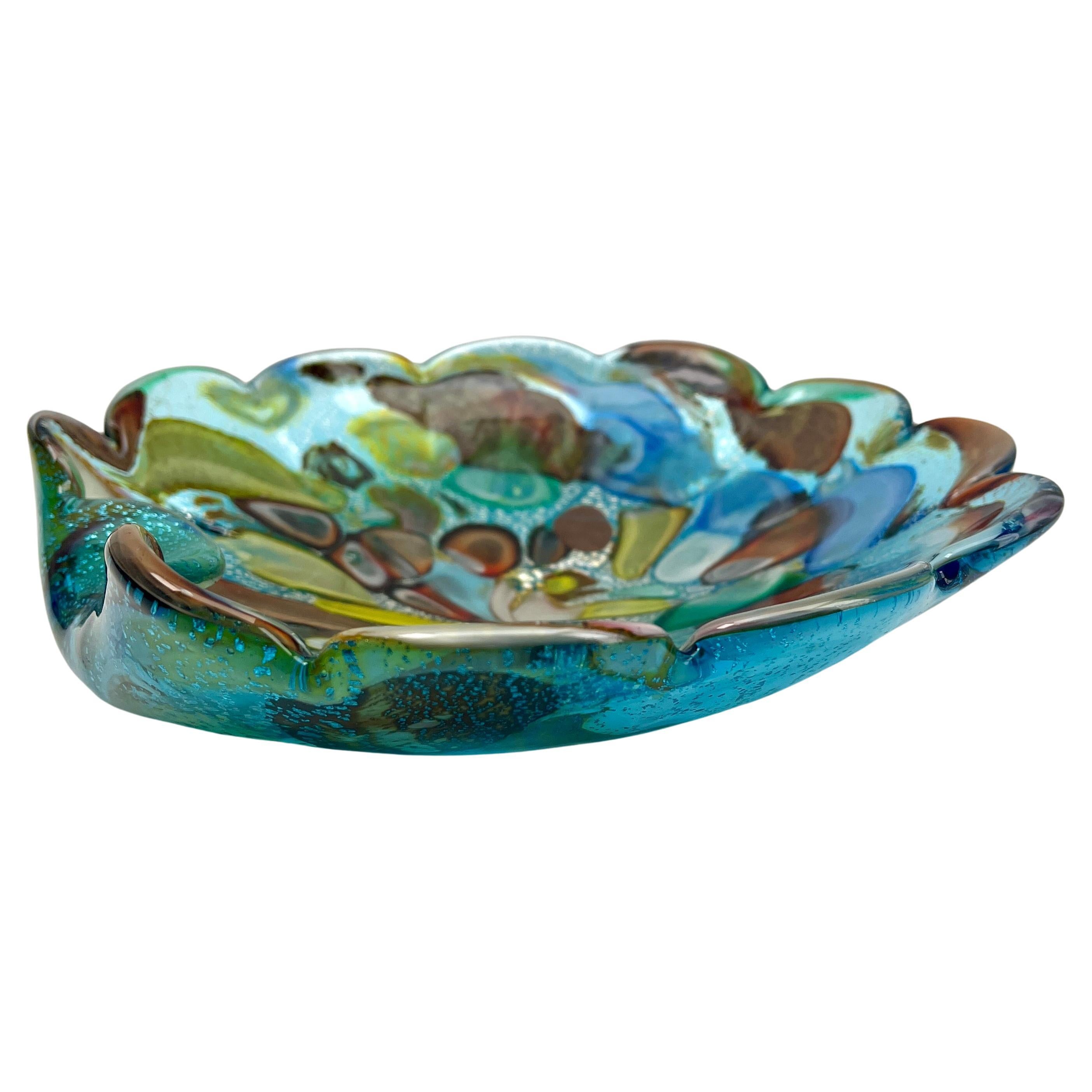 20th Century Murano Art Glass Bowl Black Shell, Metals and Bright Colors, Attributed to AVEM For Sale