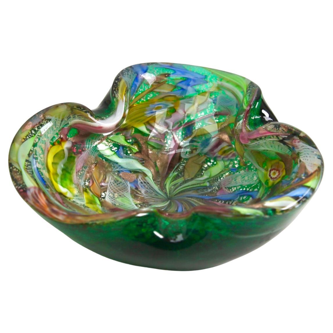 Murano Art Glass Bowl Black Shell, Metals and Bright Colors, Attributed to AVEM