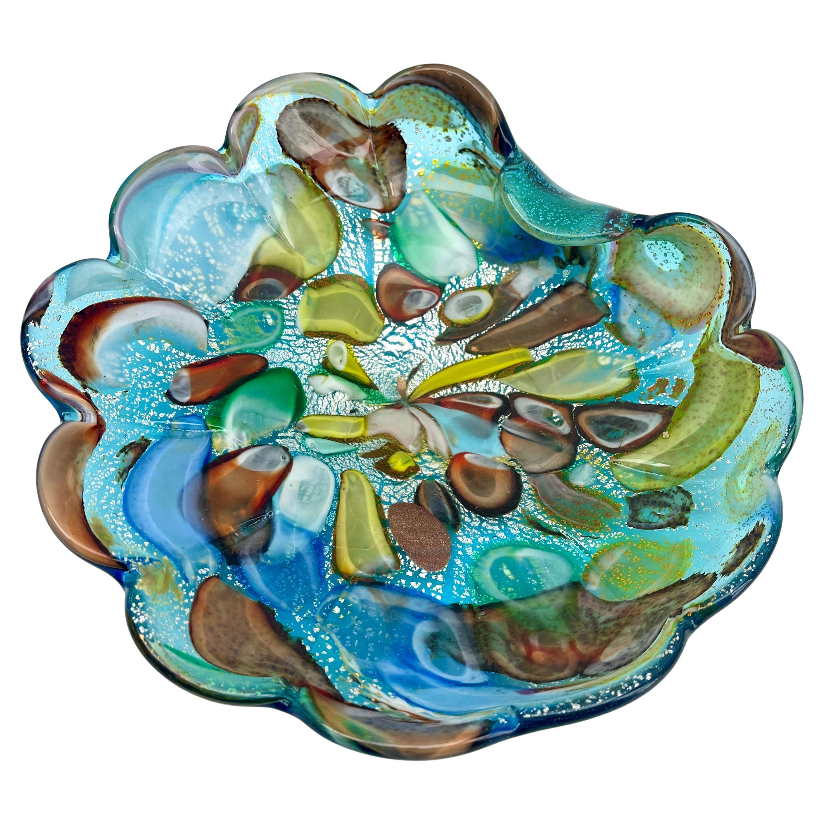 Murano Art Glass Bowl Black Shell, Metals and Bright Colors, Attributed to AVEM