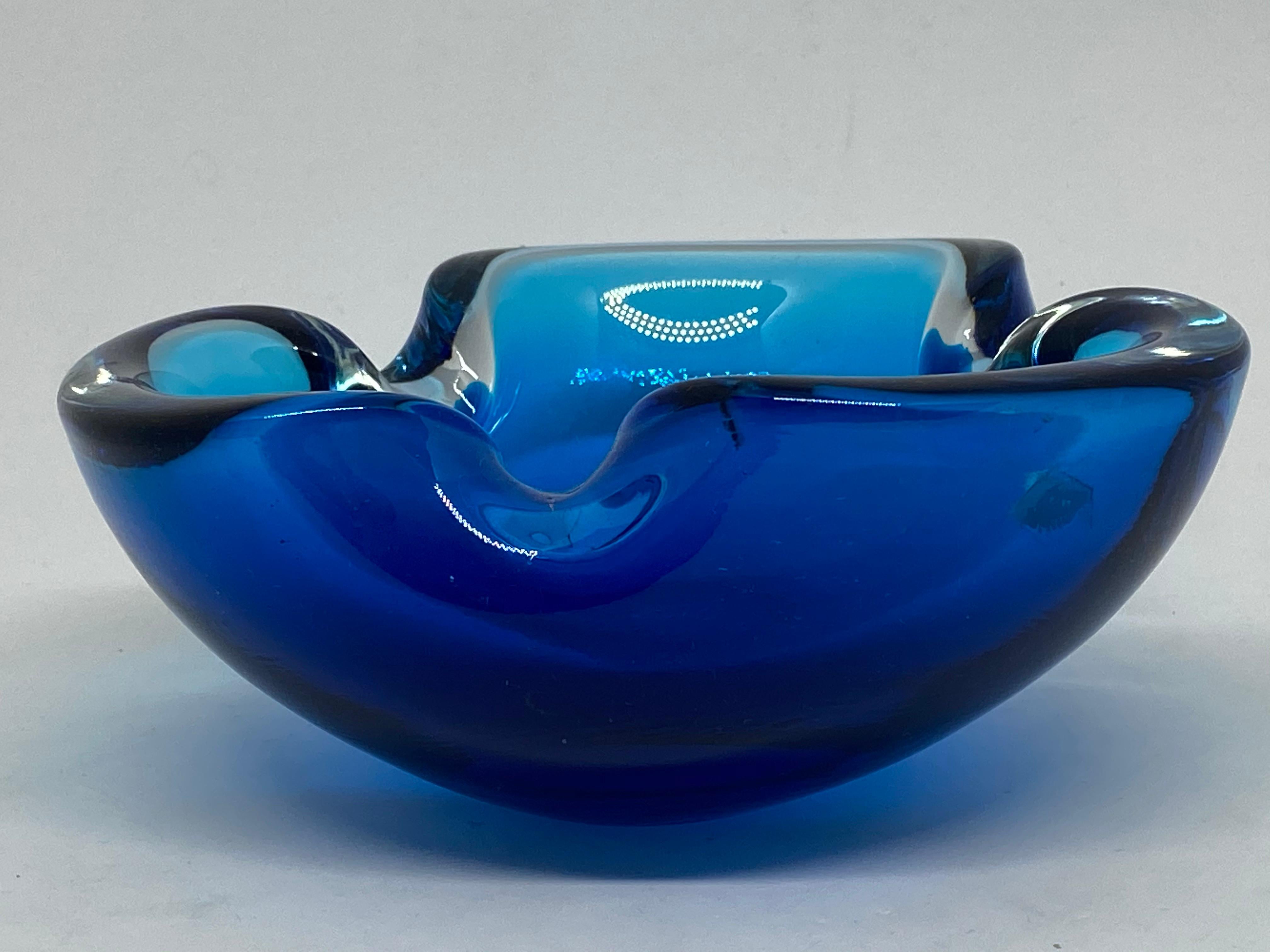 Late 20th Century Murano Art Glass Bowl Catchall Blue and Clear Vintage, Italy, 1970s For Sale
