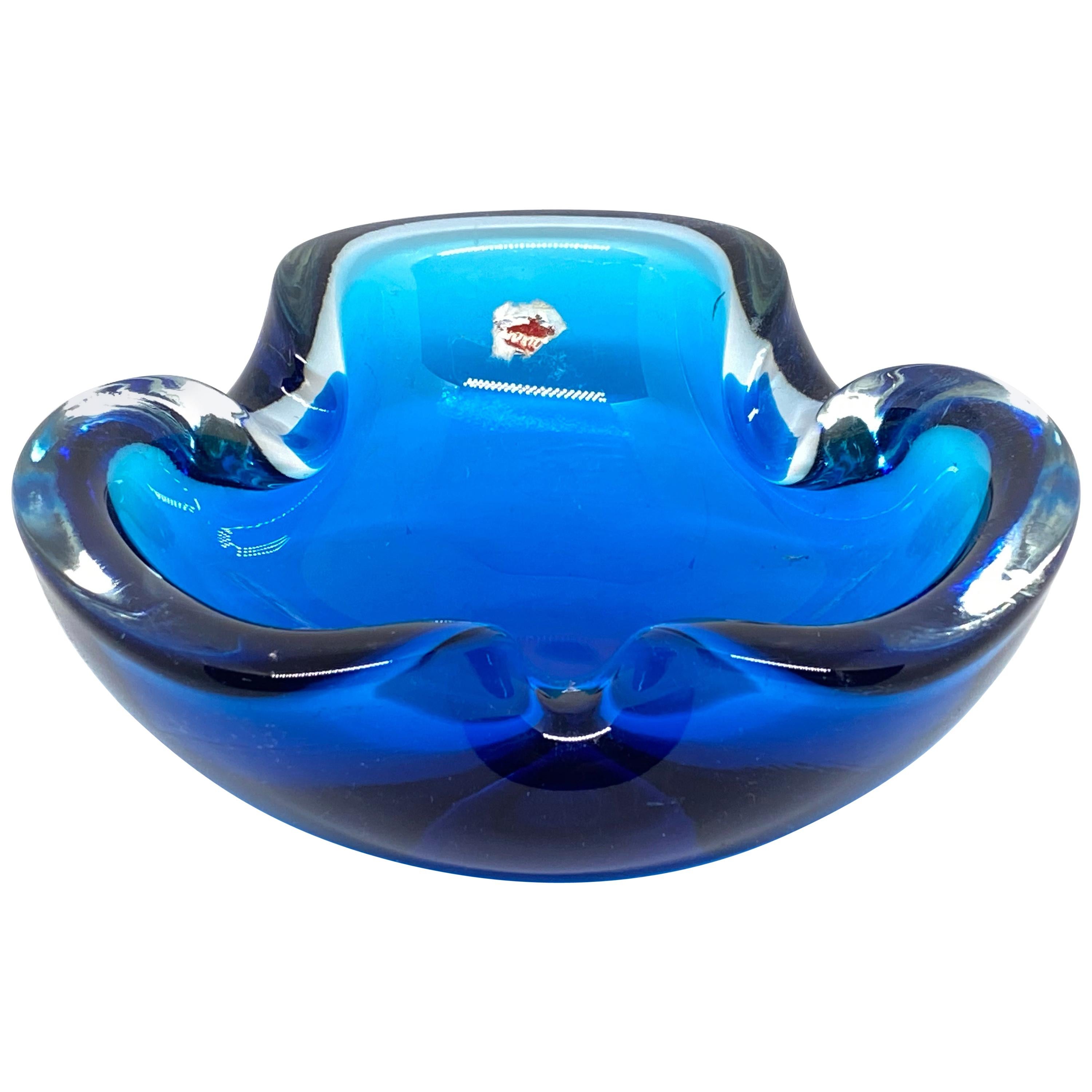 Murano Art Glass Bowl Catchall Blue and Clear Vintage, Italy, 1970s For Sale