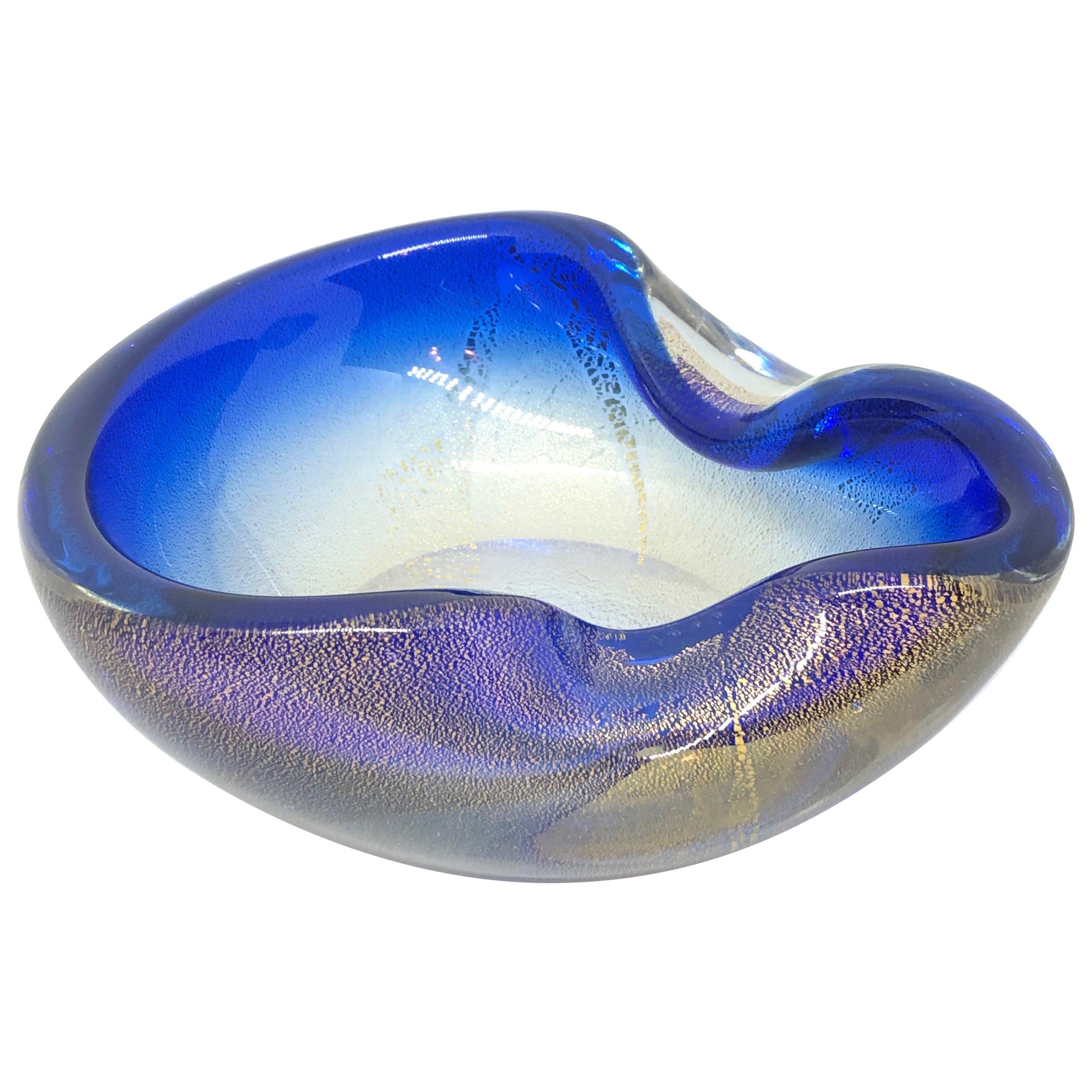 Murano Art Glass Bowl Catchall Blue, Clear and Gold Vintage, Italy, 1970s For Sale