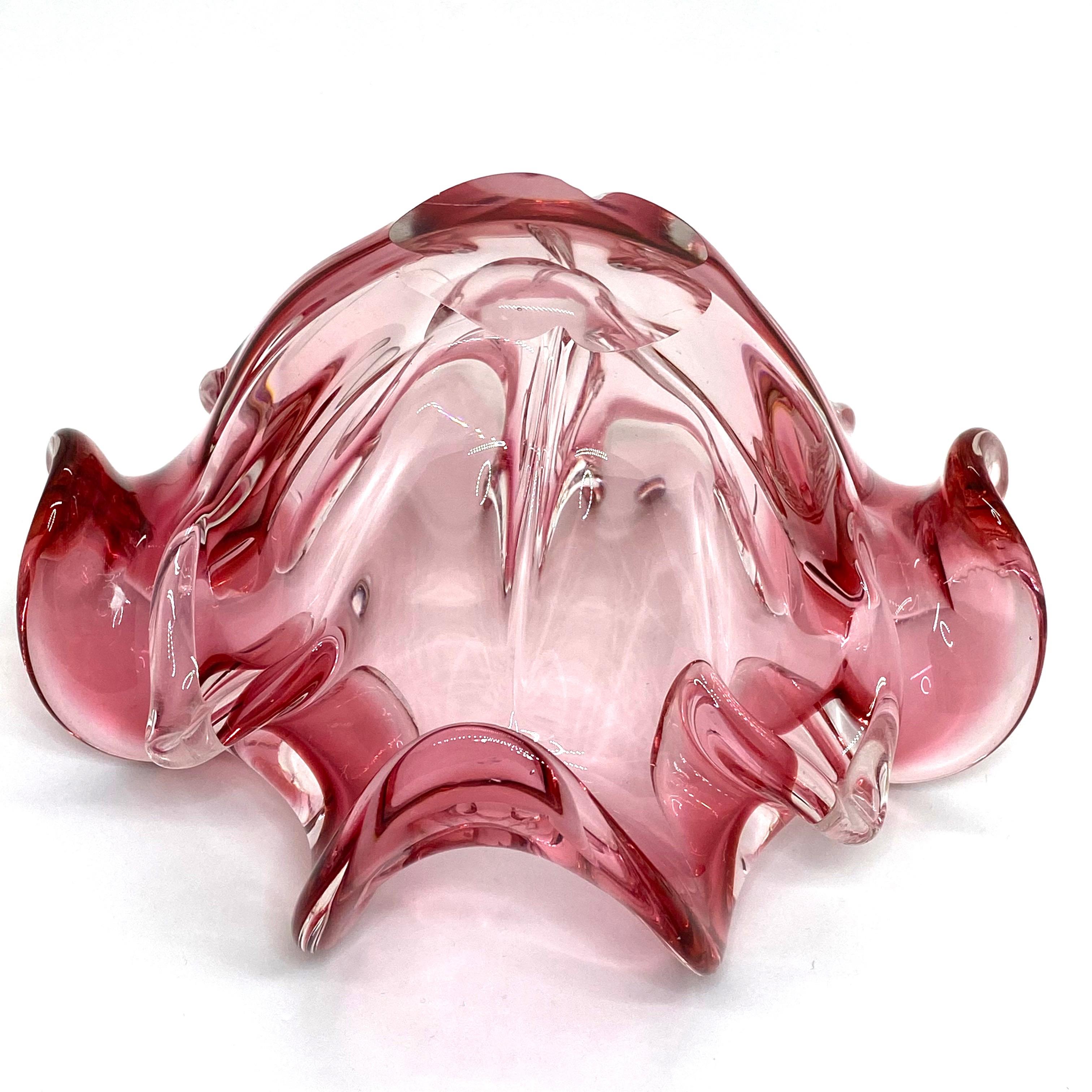 Mid-Century Modern Murano Art Glass Bowl Catchall Dark Pink and Clear, Vintage, Italy, 1970s