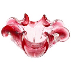 Murano Art Glass Bowl Catchall Dark Pink and Clear, Vintage, Italy, 1970s