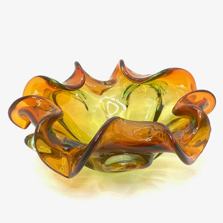Mid-Century Modern Murano Art Glass Bowl Catchall green and brown, Vintage, Italy, 1970s