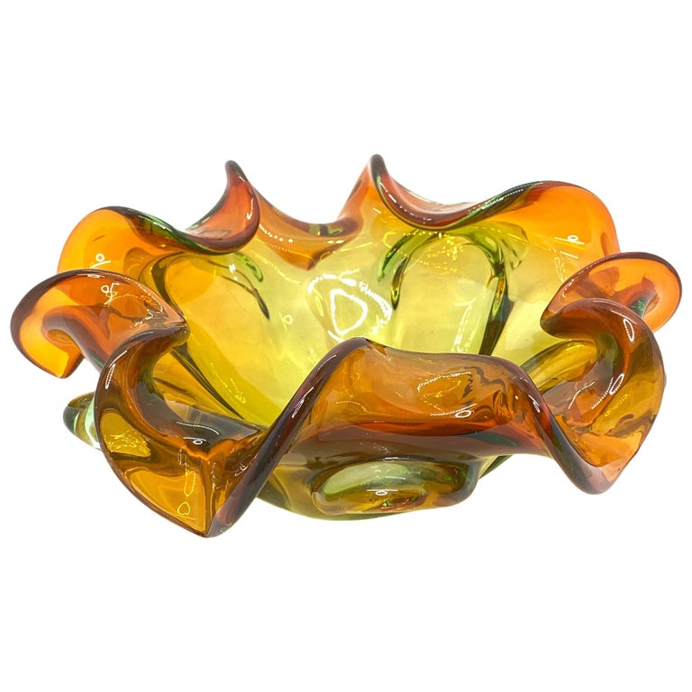 Murano Art Glass Bowl Catchall green and brown, Vintage, Italy, 1970s
