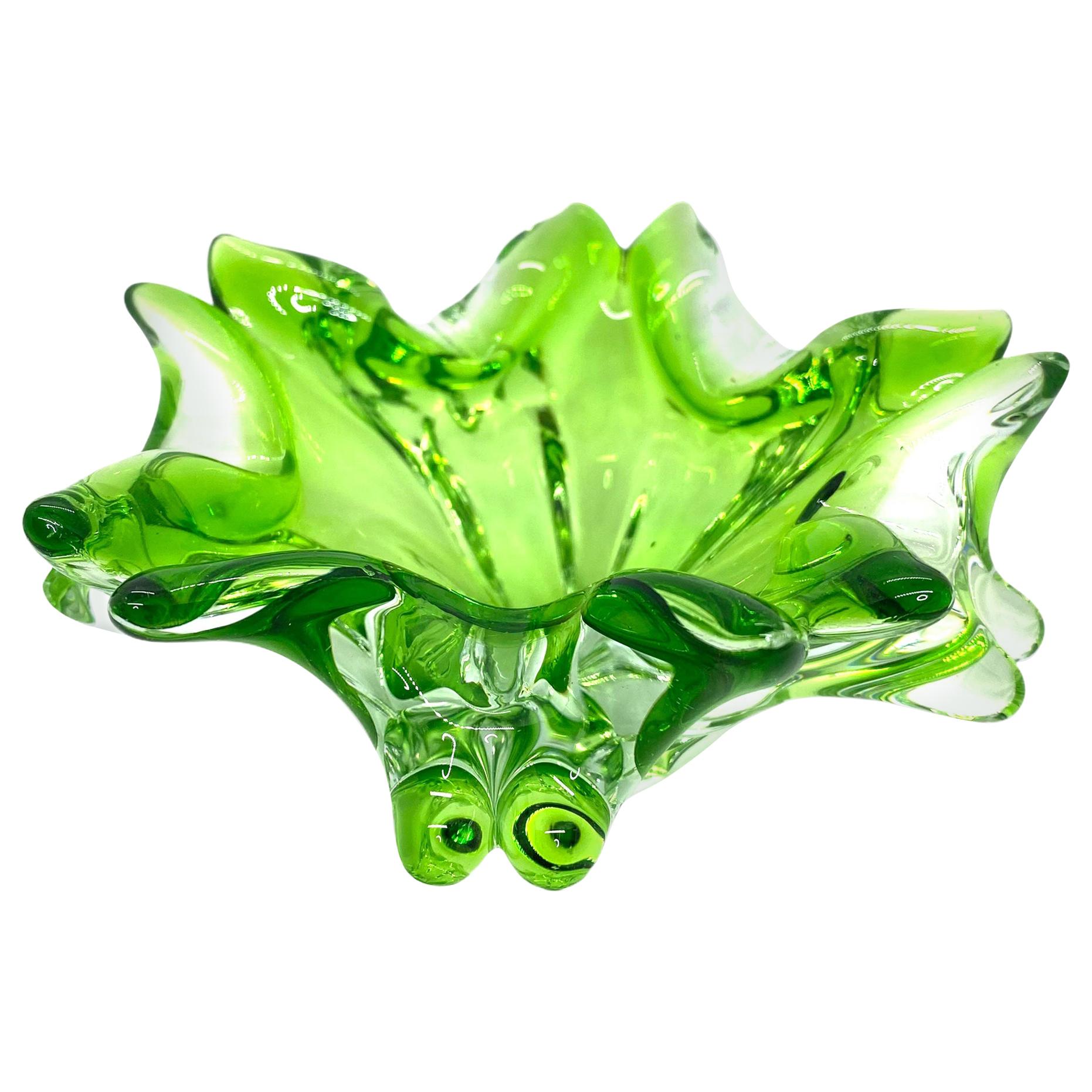 Murano Art Glass Bowl Catchall Green and Clear Vintage, Italy, 1970s