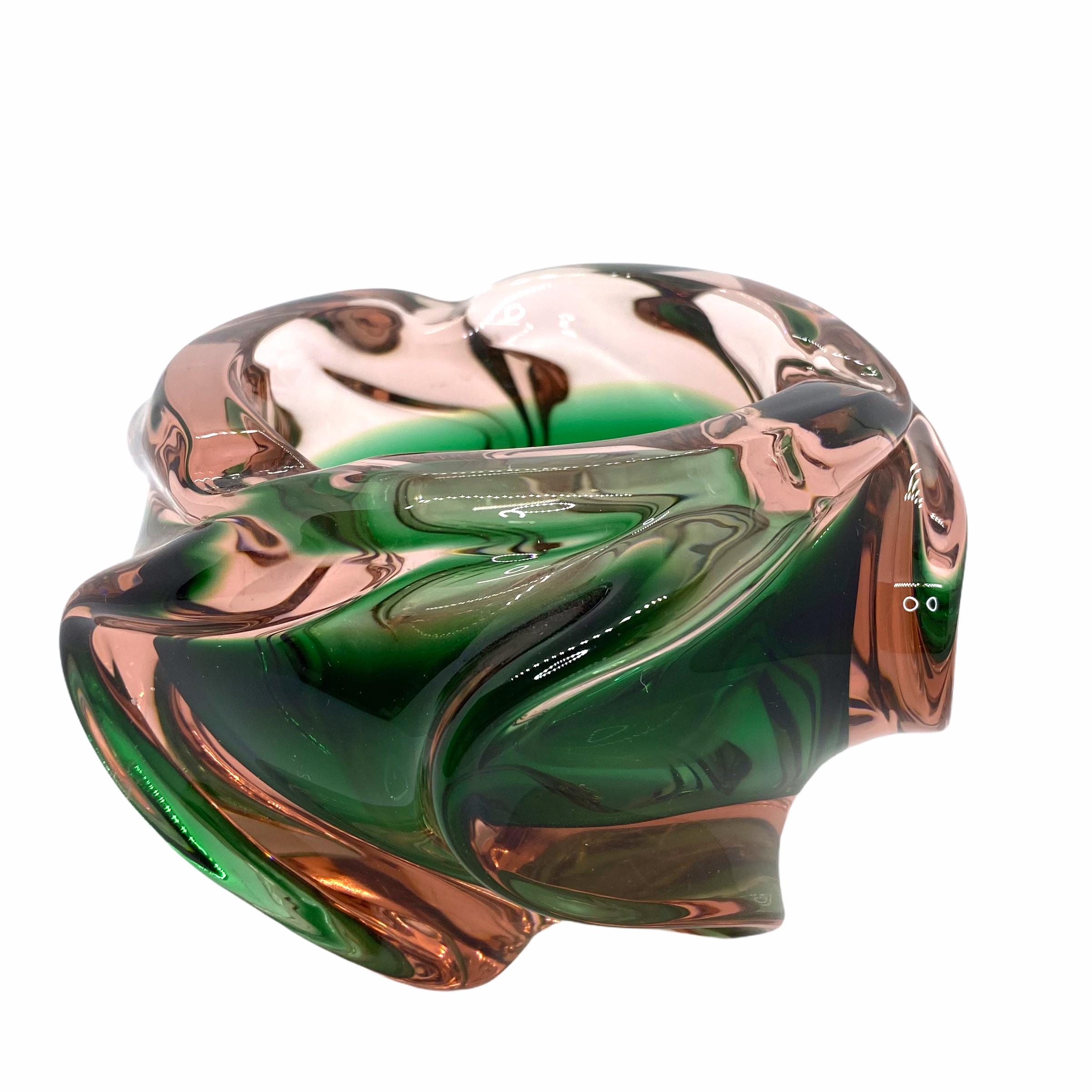 Mid-Century Modern Murano Art Glass Bowl Catchall Green and dark Pink Vintage, Italy, 1970s