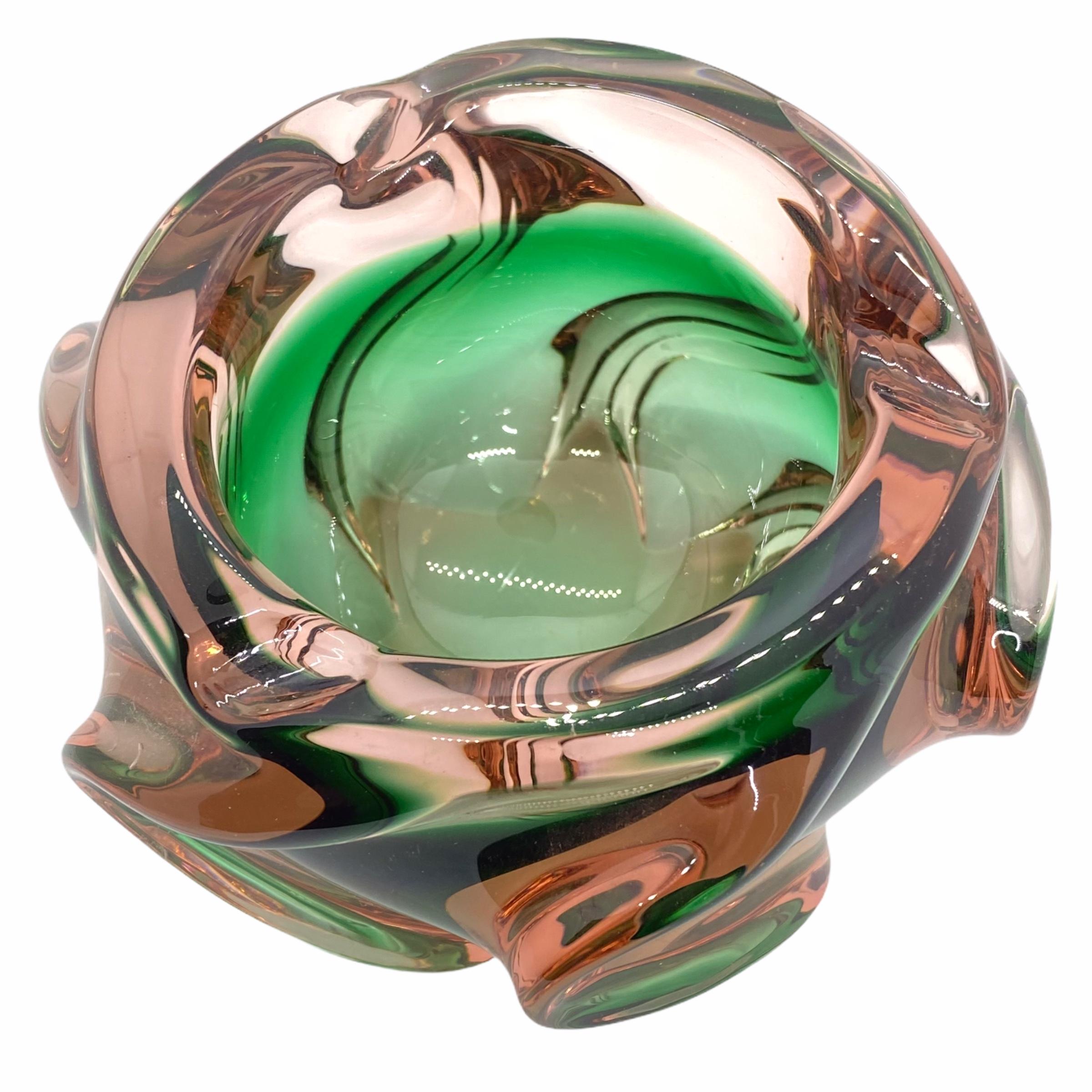 Italian Murano Art Glass Bowl Catchall Green and dark Pink Vintage, Italy, 1970s