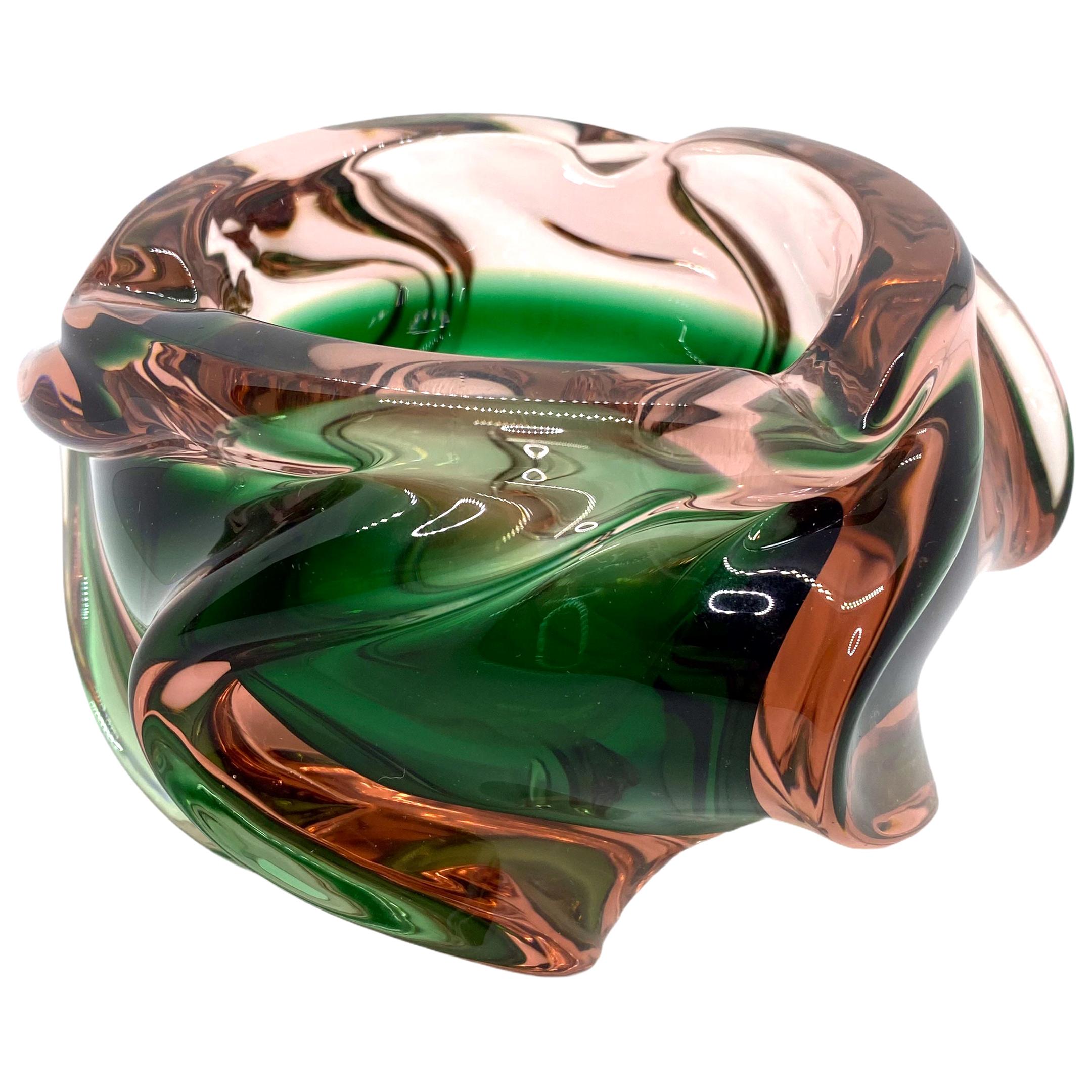 Murano Art Glass Bowl Catchall Green and dark Pink Vintage, Italy, 1970s