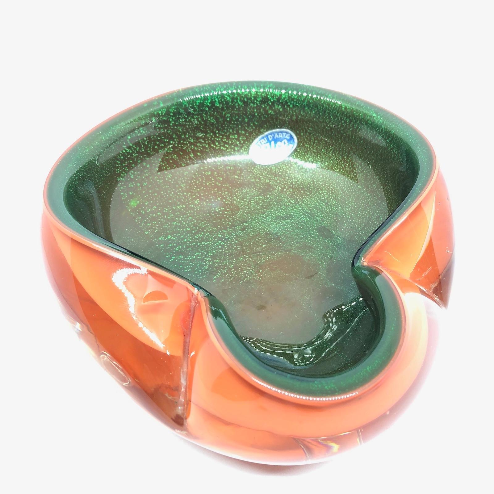 Mid-Century Modern Murano Art Glass Bowl Catchall Orange, Clear and Green Vintage, Italy, 1970s