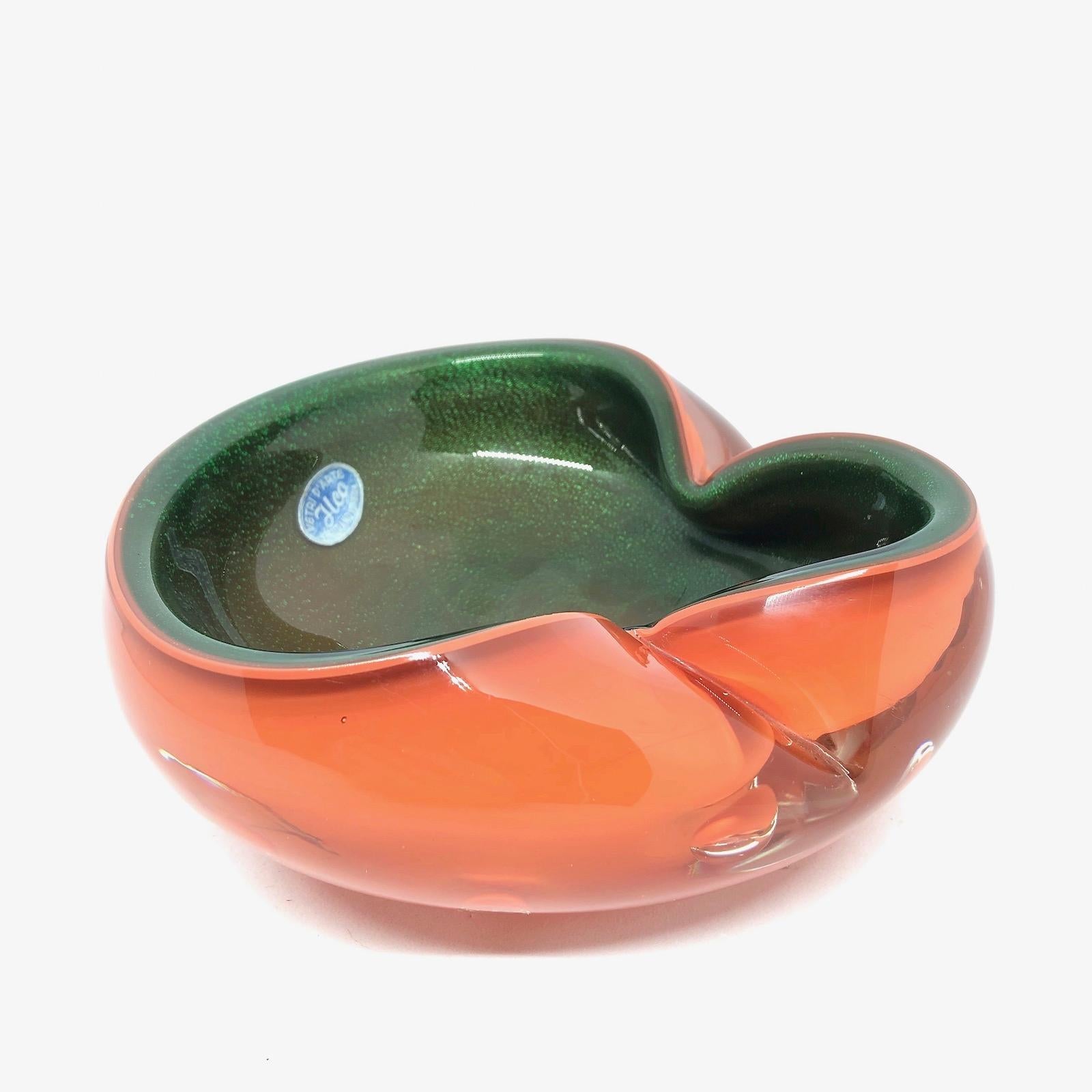 Italian Murano Art Glass Bowl Catchall Orange, Clear and Green Vintage, Italy, 1970s