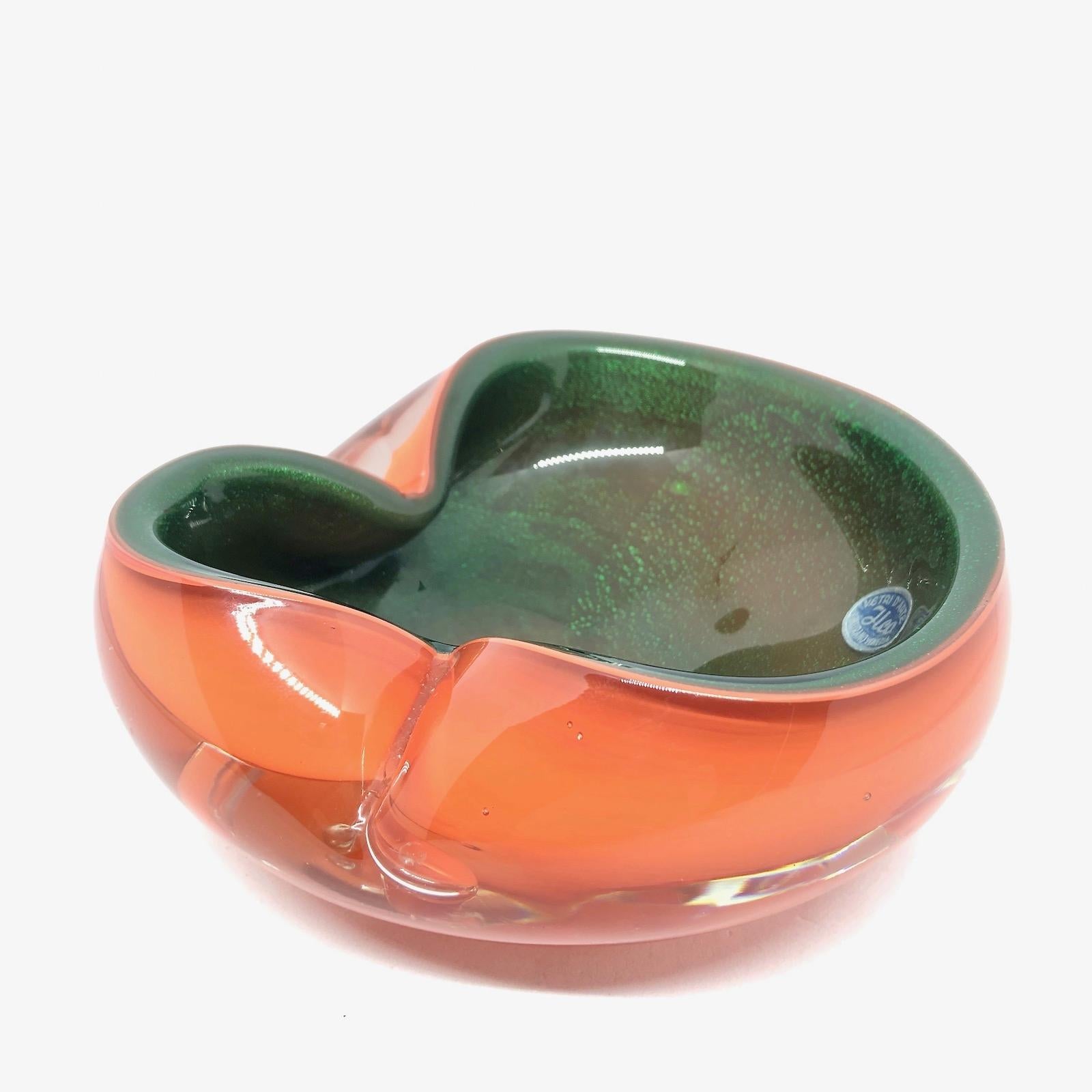 Late 20th Century Murano Art Glass Bowl Catchall Orange, Clear and Green Vintage, Italy, 1970s
