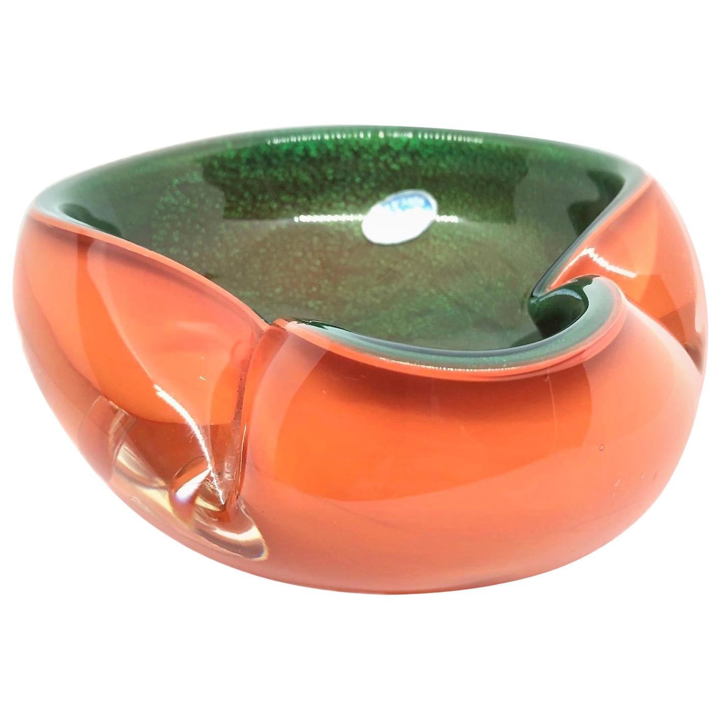 Murano Art Glass Bowl Catchall Orange, Clear and Green Vintage, Italy, 1970s