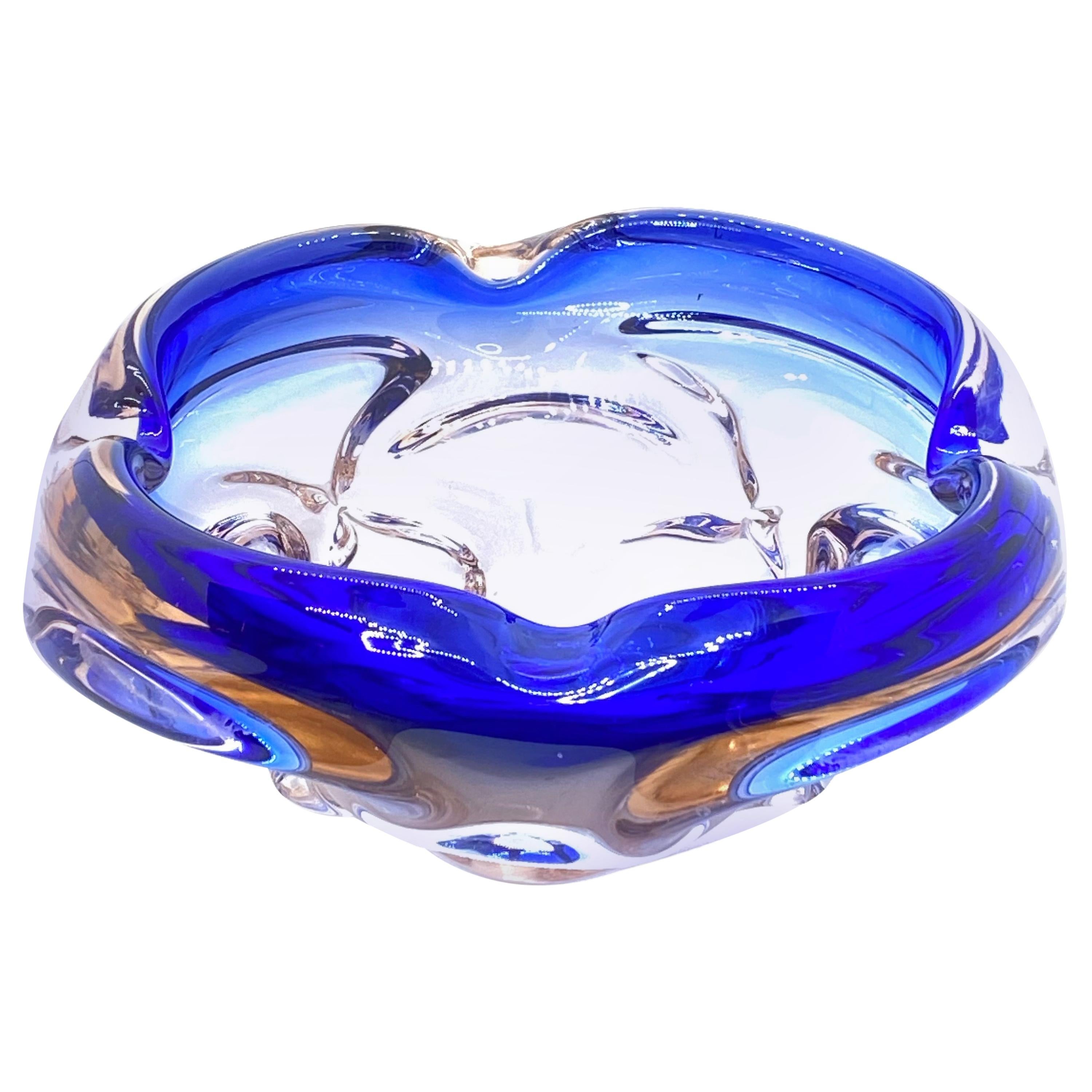 Murano Art Glass Bowl Catchall roségold and blue, Vintage, Italy, 1970s