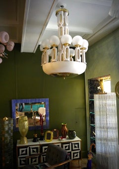 Murano Art Glass Brass and Ceramic Chandelier and Pendant, 1950