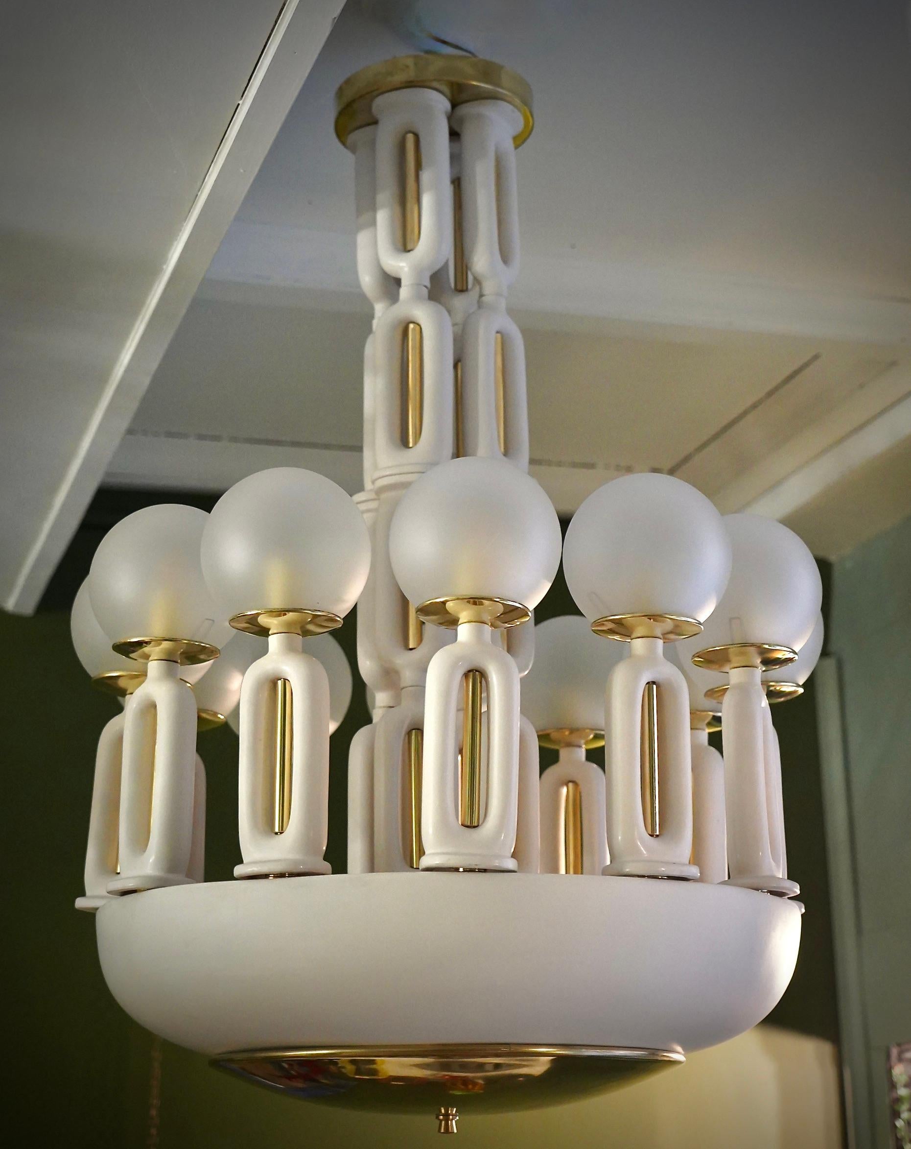 Murano Art Glass Brass and Ceramic Chandelier and Pendant, 1950 For Sale 2