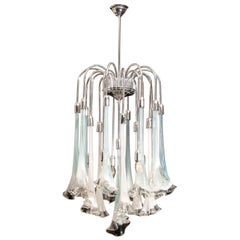 Murano Art Glass "Calla Flower" Mazzega Chromed Chandelier 1970 White Turquoise
