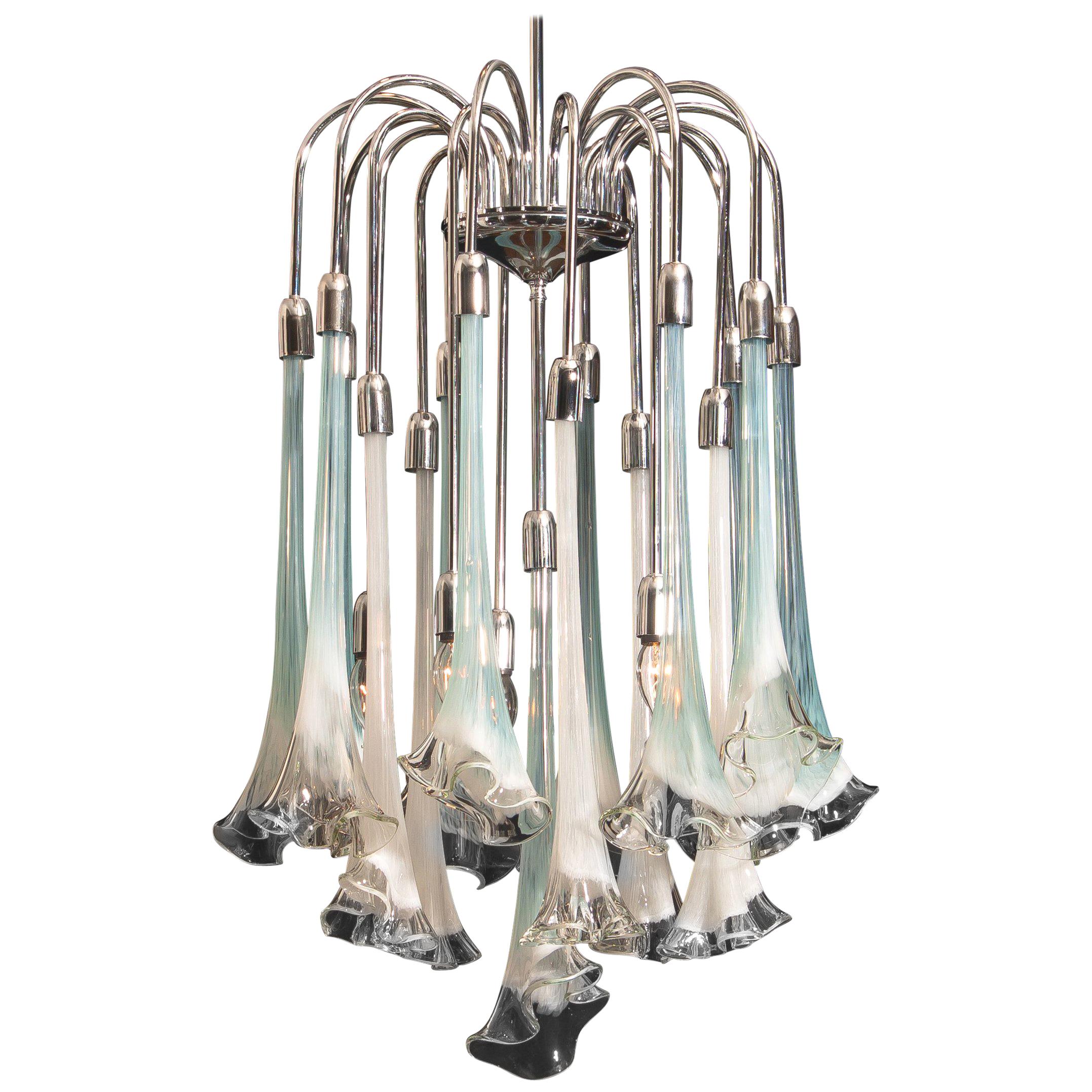 Murano Art Glass "Calla Flower" Mazzega Chromed Chandelier 1970 White Turquoise