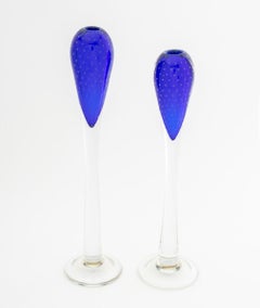 Candelieri in vetro artistico di Murano, blu cobalto e trasparente, firmati SCL, Italia