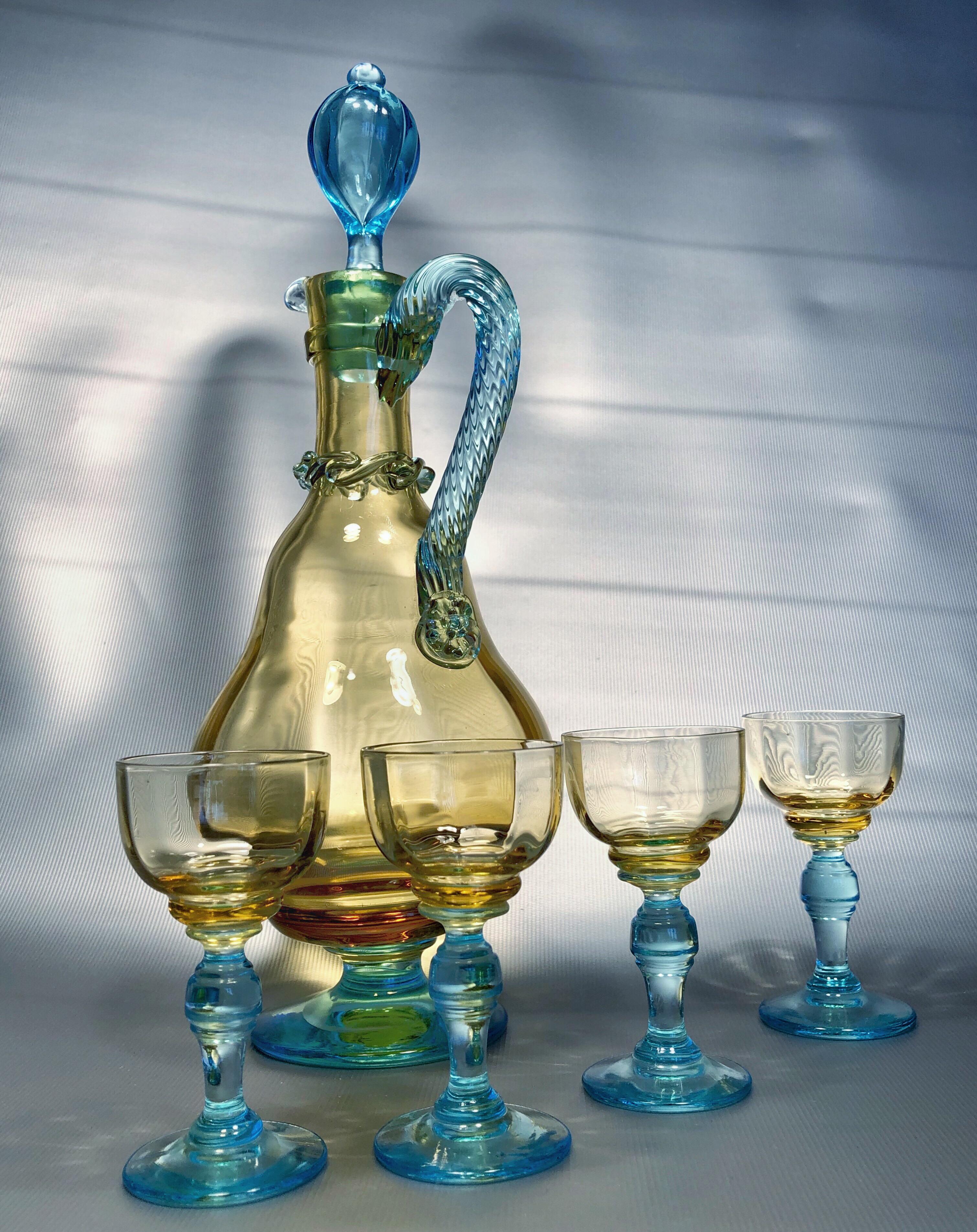 Murano Fine Art glass carafe with four glasses yellow and blue, 1940s Italy.
