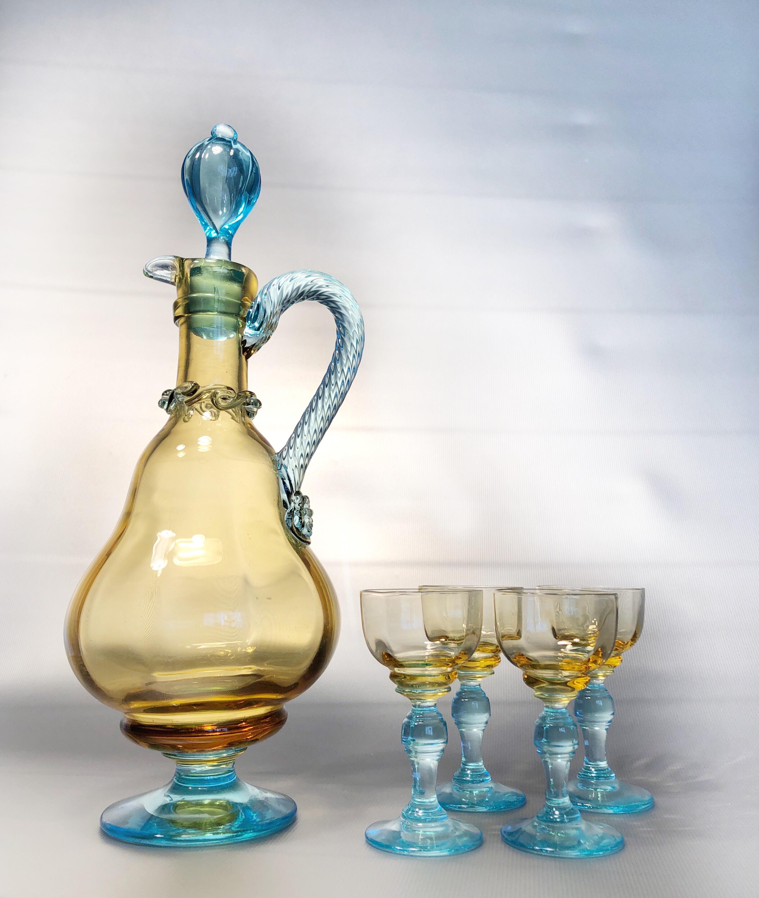 Italian Murano Art Glass Carafe with Four Glasses Yellow and Blue, 1940s Italy SALE