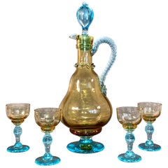 Murano Art Glass Carafe with Four Glasses Yellow and Blue, 1940s Italy SALE
