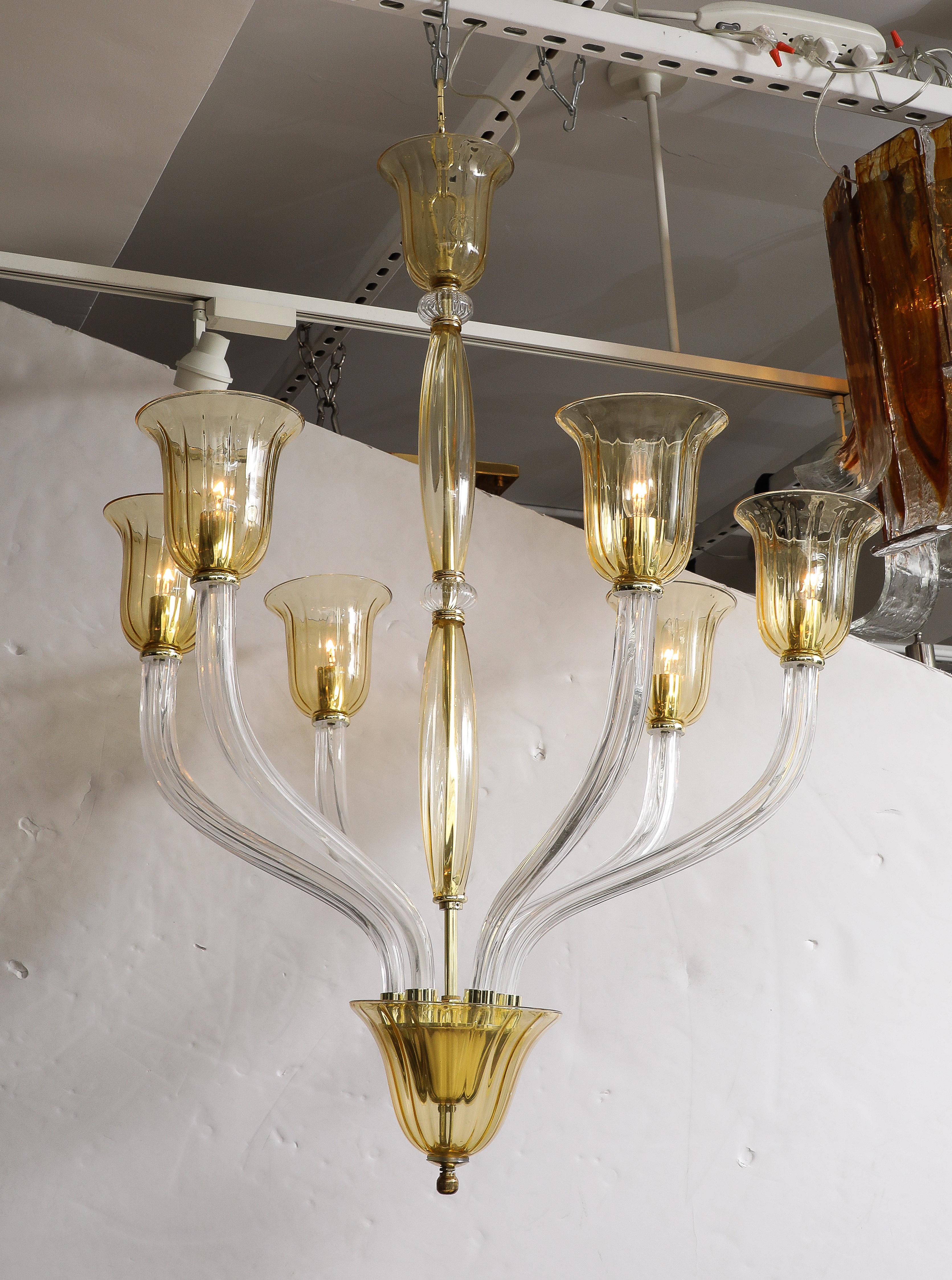 Mid-Century Modern Murano Art Glass Clear, Amber Chandelier For Sale