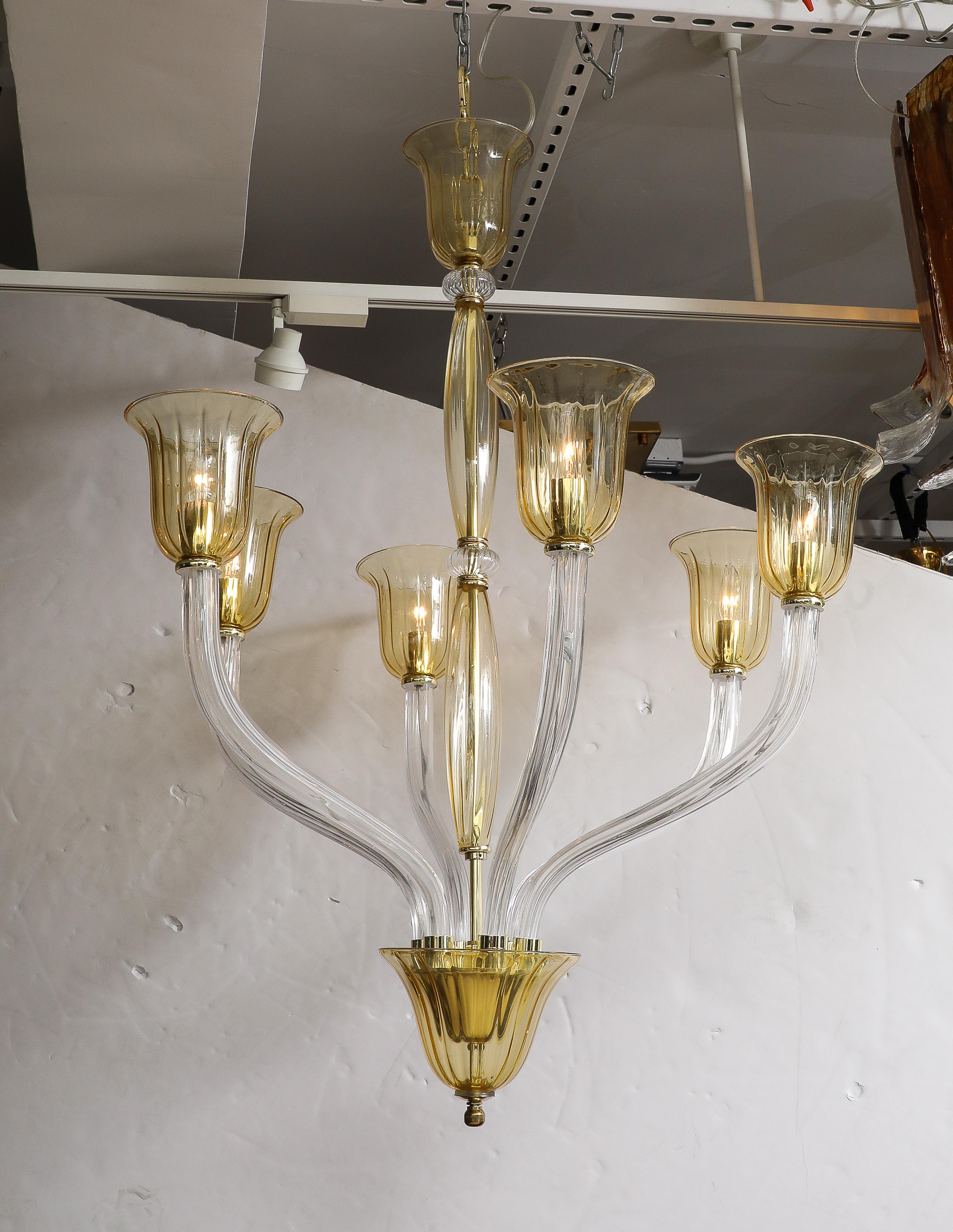 Murano Art Glass Clear, Amber Chandelier In Good Condition For Sale In New York, NY