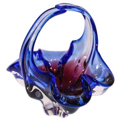 Murano Art Glass Cobalt Blue Basket with Handle 1970s Italy