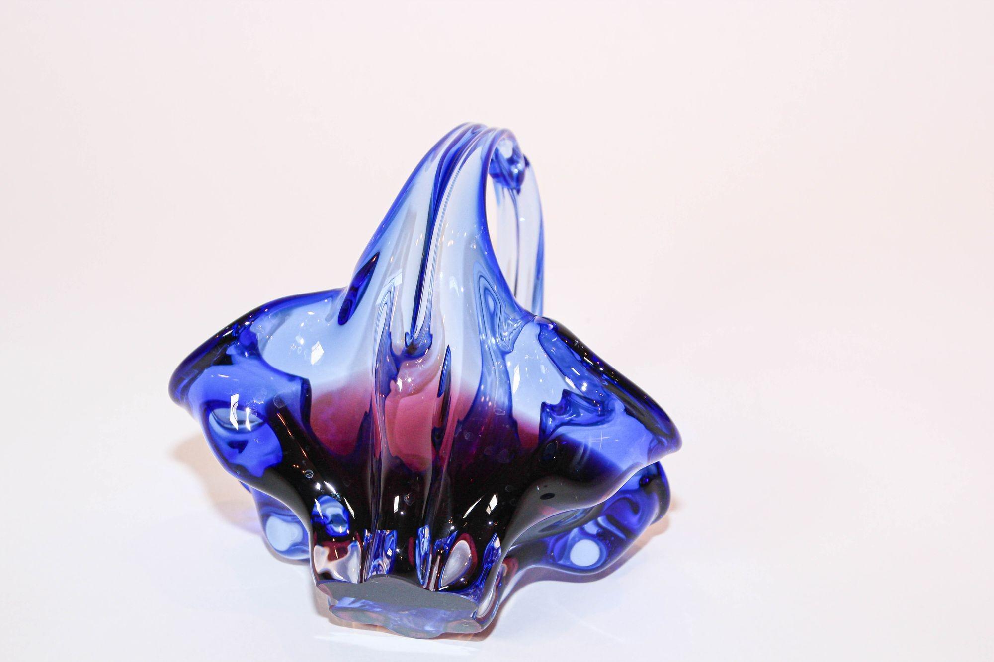 20th Century Murano Art Glass Cobalt Blue Basket with Handle 1970s Italy For Sale
