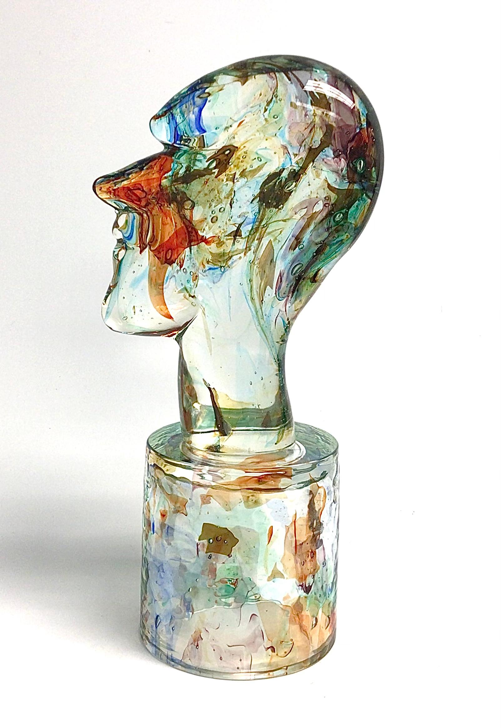 italien Sculpture de tête colorée en verre d'art de Murano sur socle signée et datée
