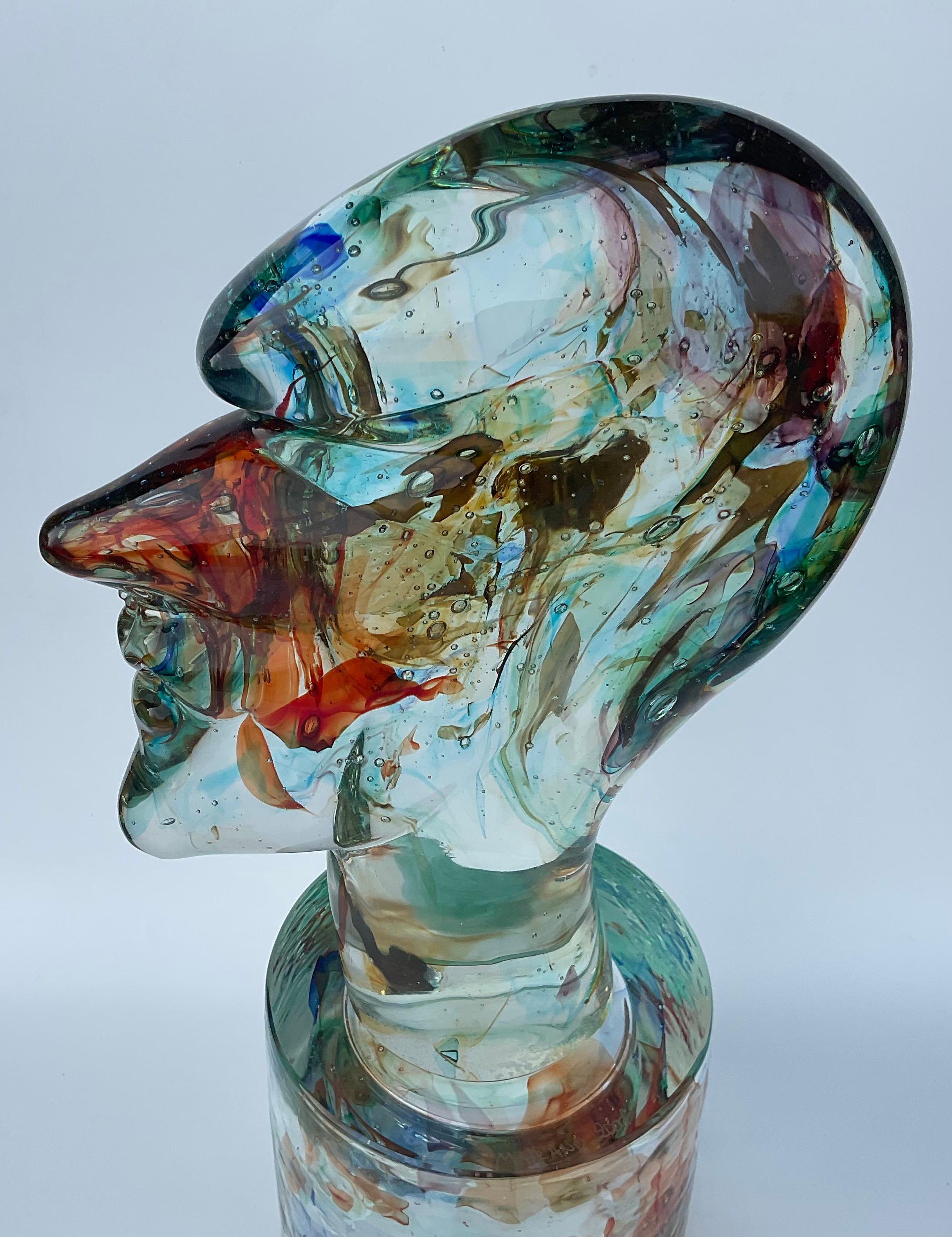 XXIe siècle et contemporain Sculpture de tête colorée en verre d'art de Murano sur socle signée et datée